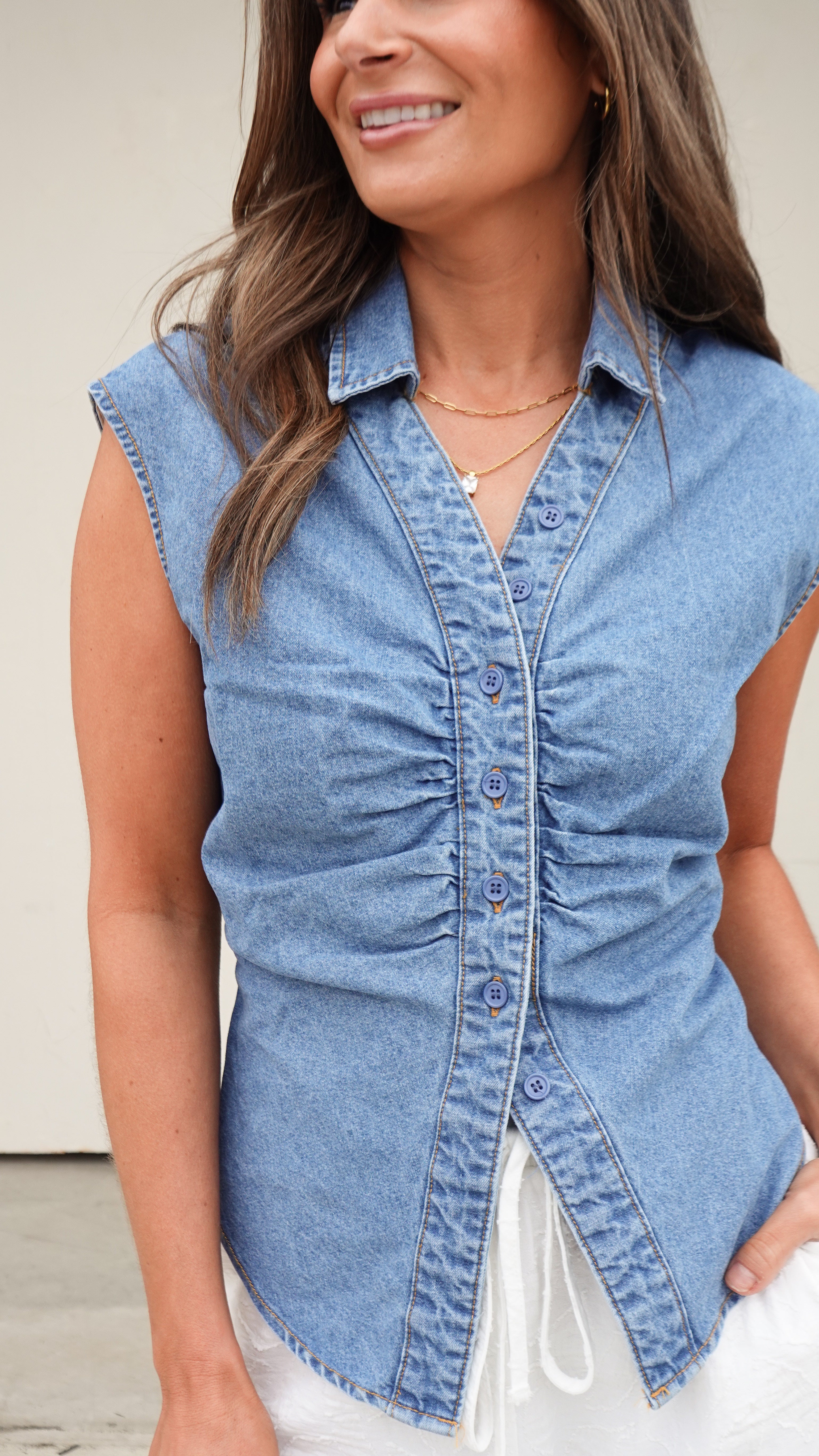 Denim Button-Front Sleeveless Top | Elegant Women's Fashion by coolavocek