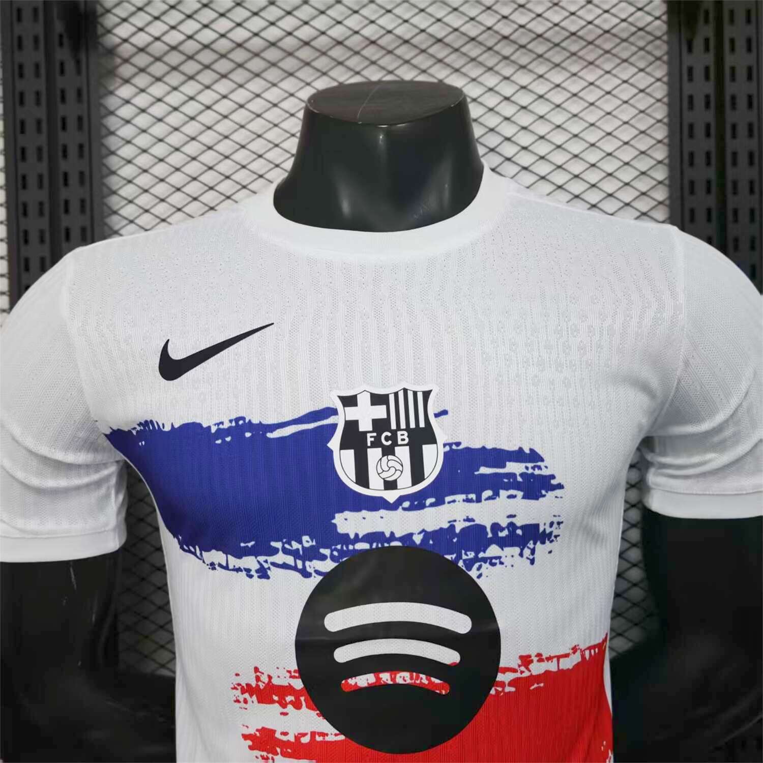 AlphaJersey-Barcelona 25-26 White Jersey with Red Blue Ink Horizontal Stripes Jersey - Player Version