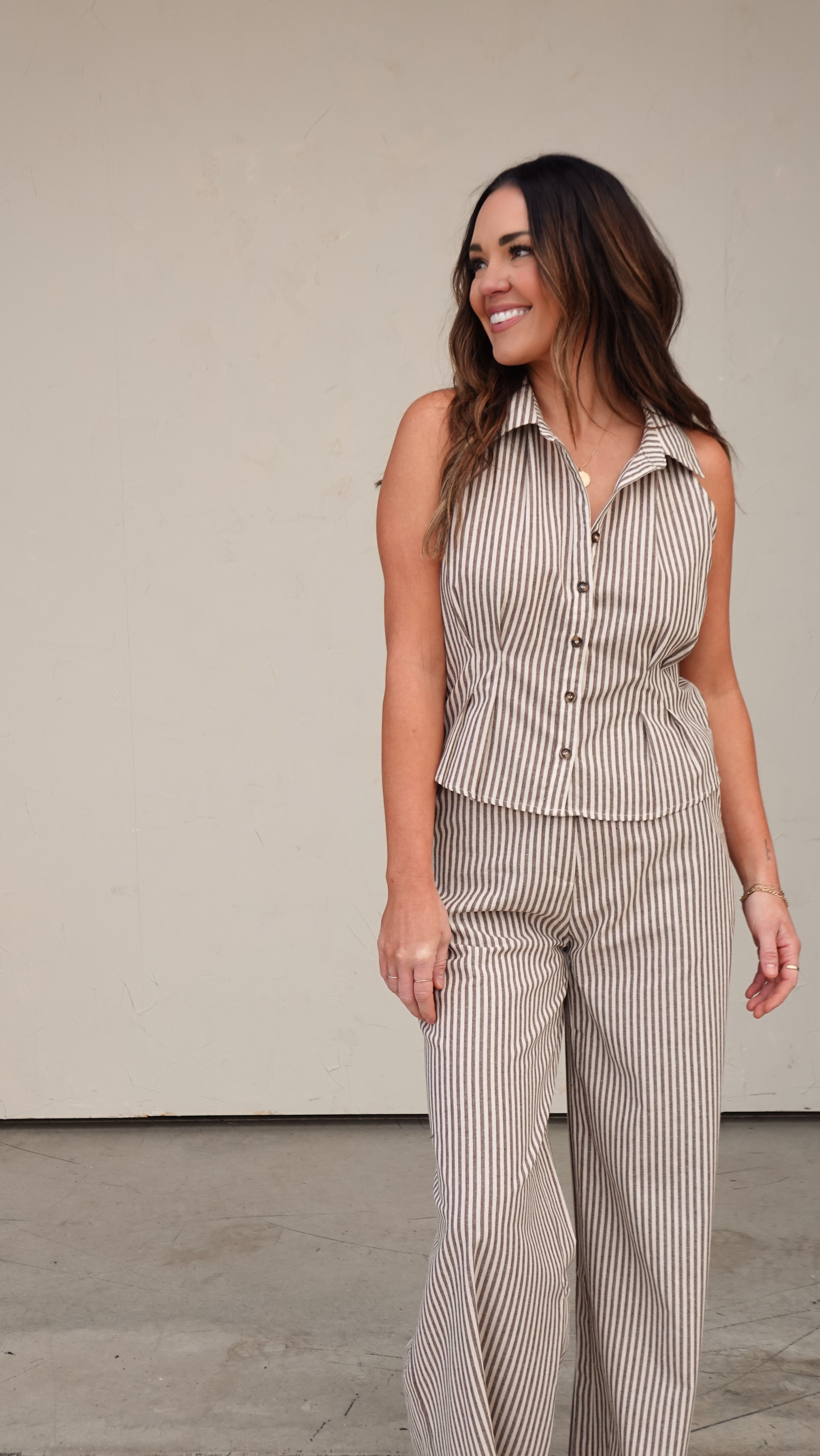 Brown Striped Sleeveless Button-Down | Elegant Women's Fashion by coolavocek