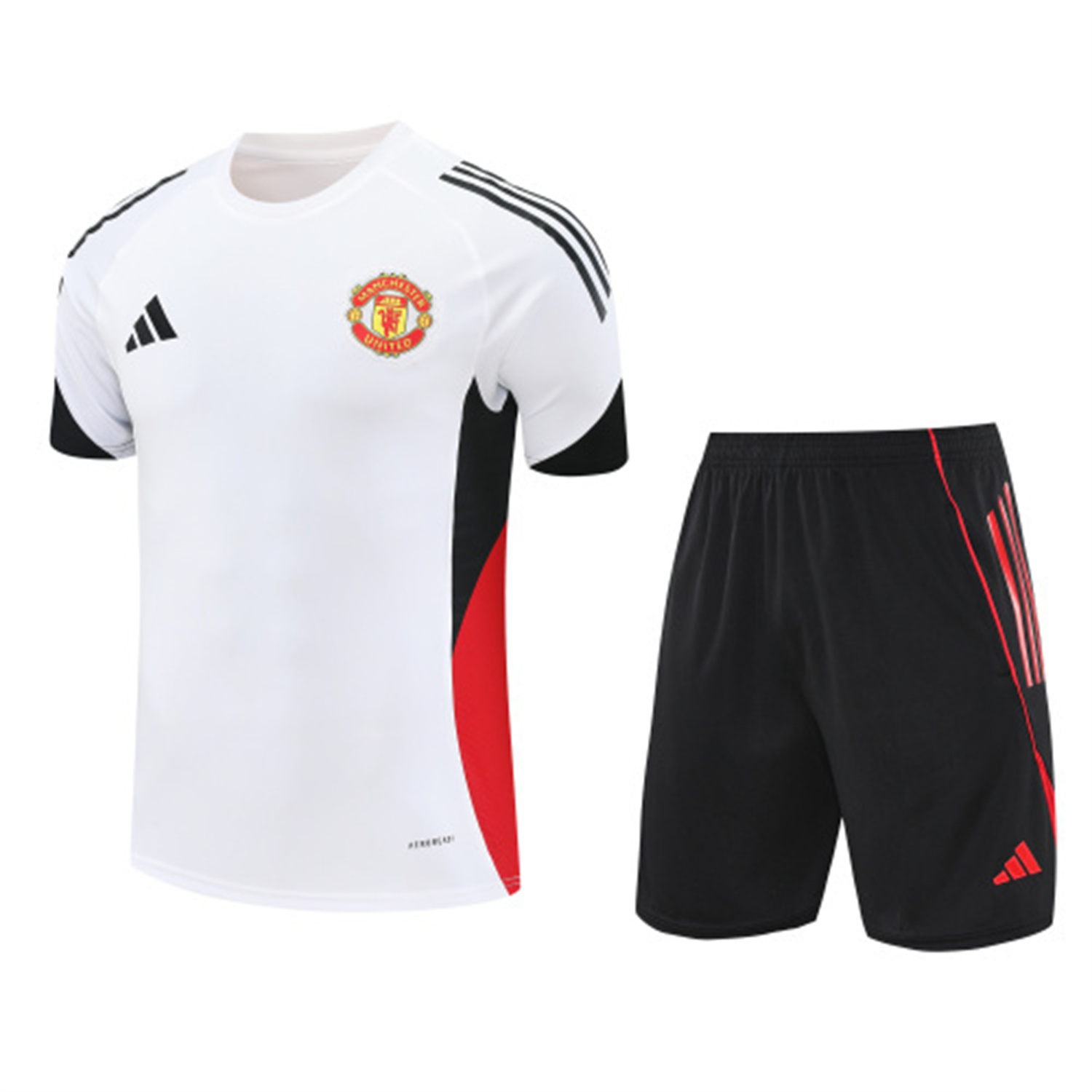 AlphaJersey-Manchester United 25-26 Short-Sleeve Training Set - Red Black Blocks White Top & Black Shorts