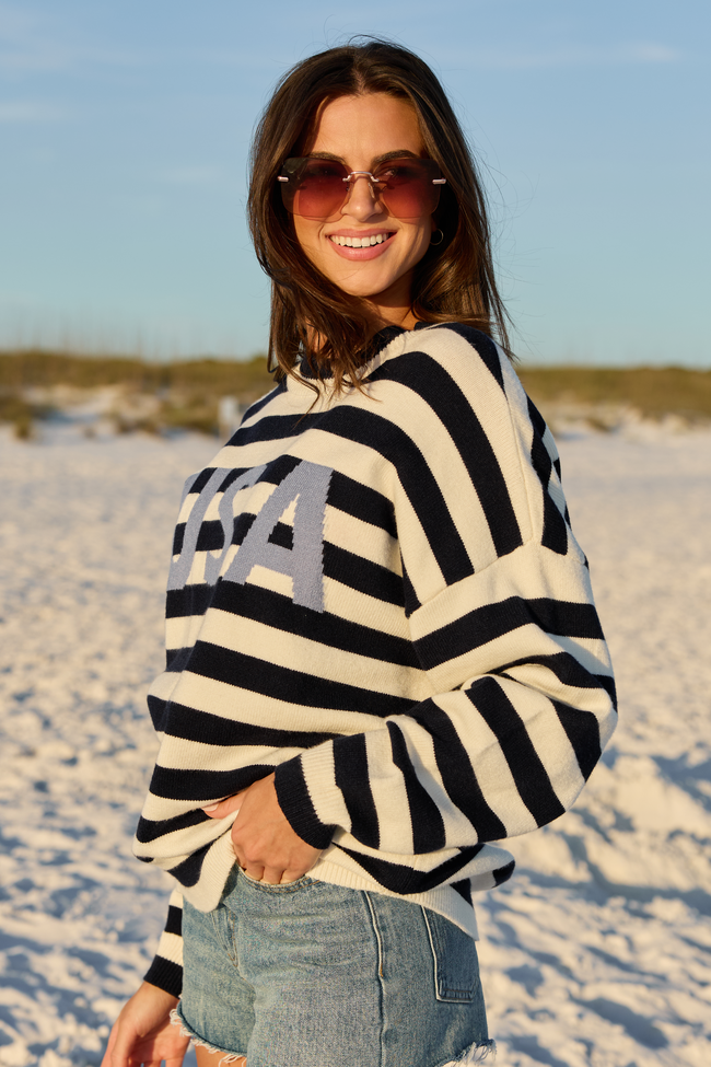 USA Navy And Ivory Striped Sweater | Elegant Women's Fashion by coolavocek