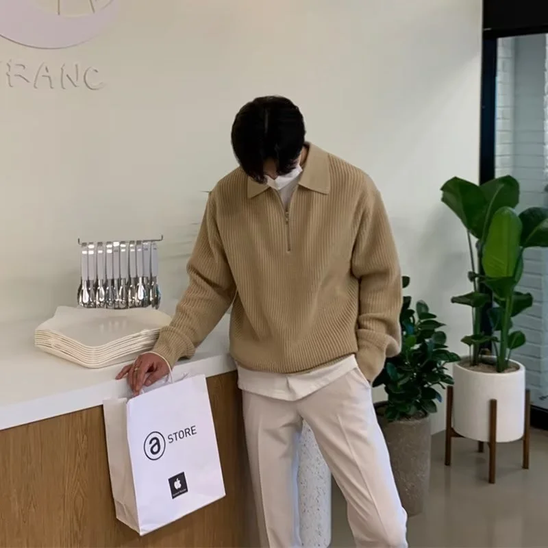 Polo T-shirts for Men Fashion Versatile Casual Solid Color Sweater Jacket Zip Long Sleeved Loose Fitting Shirt Autumn New 2023