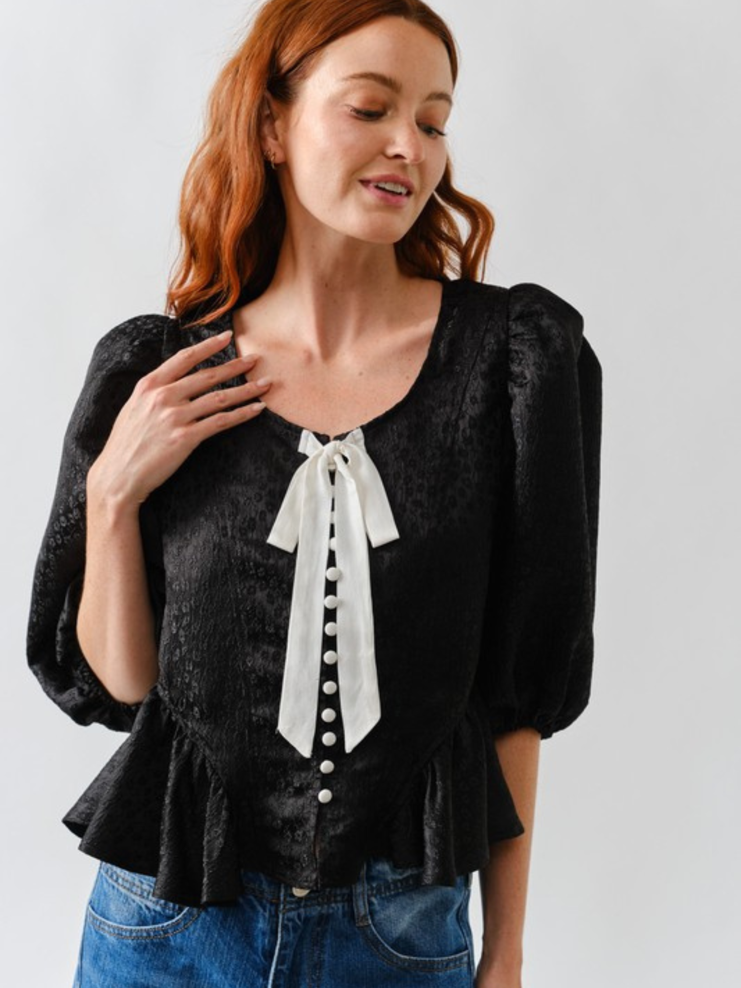 Puff Bow Button Top | Elegant Women's Fashion by coolavocek