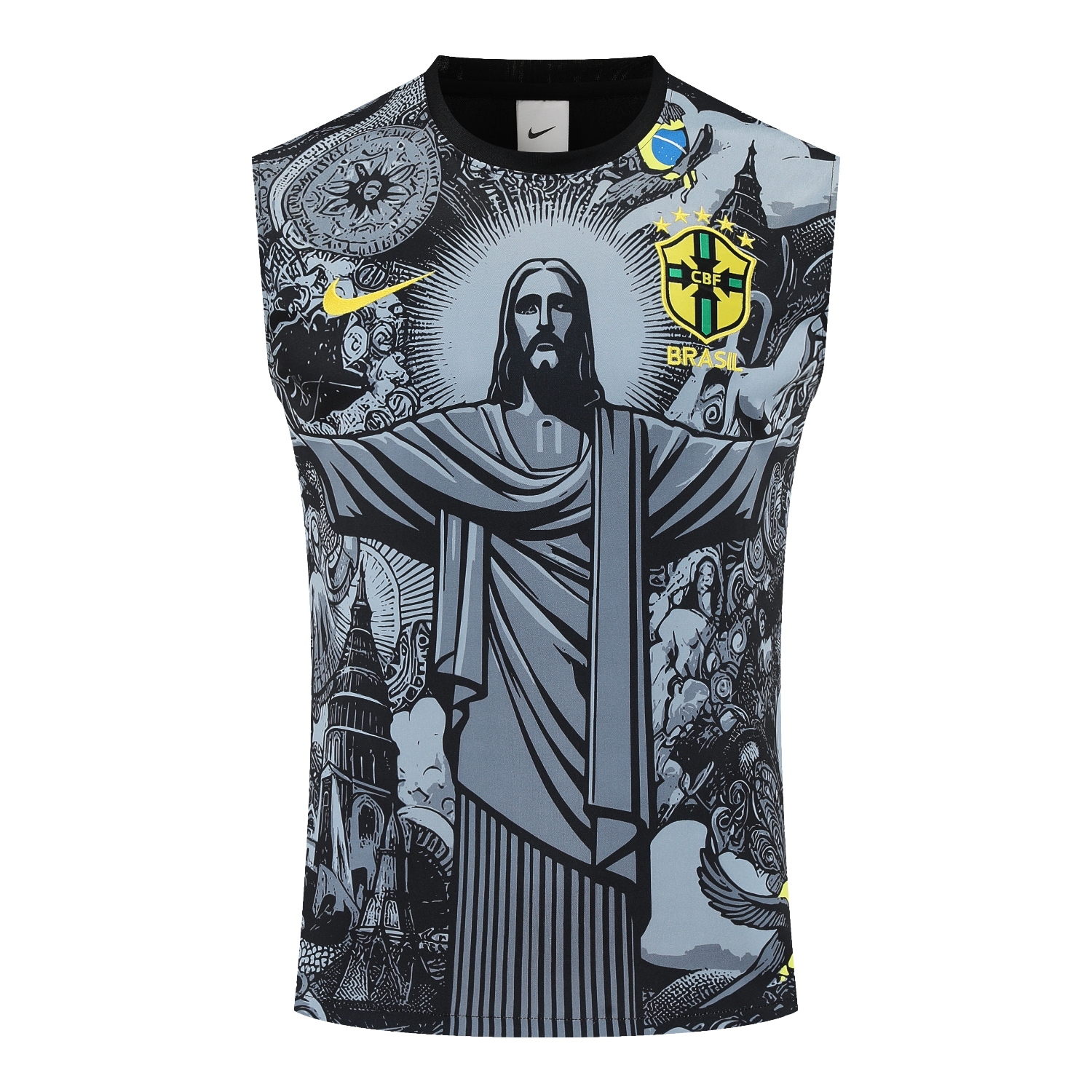 AlphaJersey-Brazil 25-26 Gray Jesus Statue Vest Training Set - Gray Vest & Black Shorts