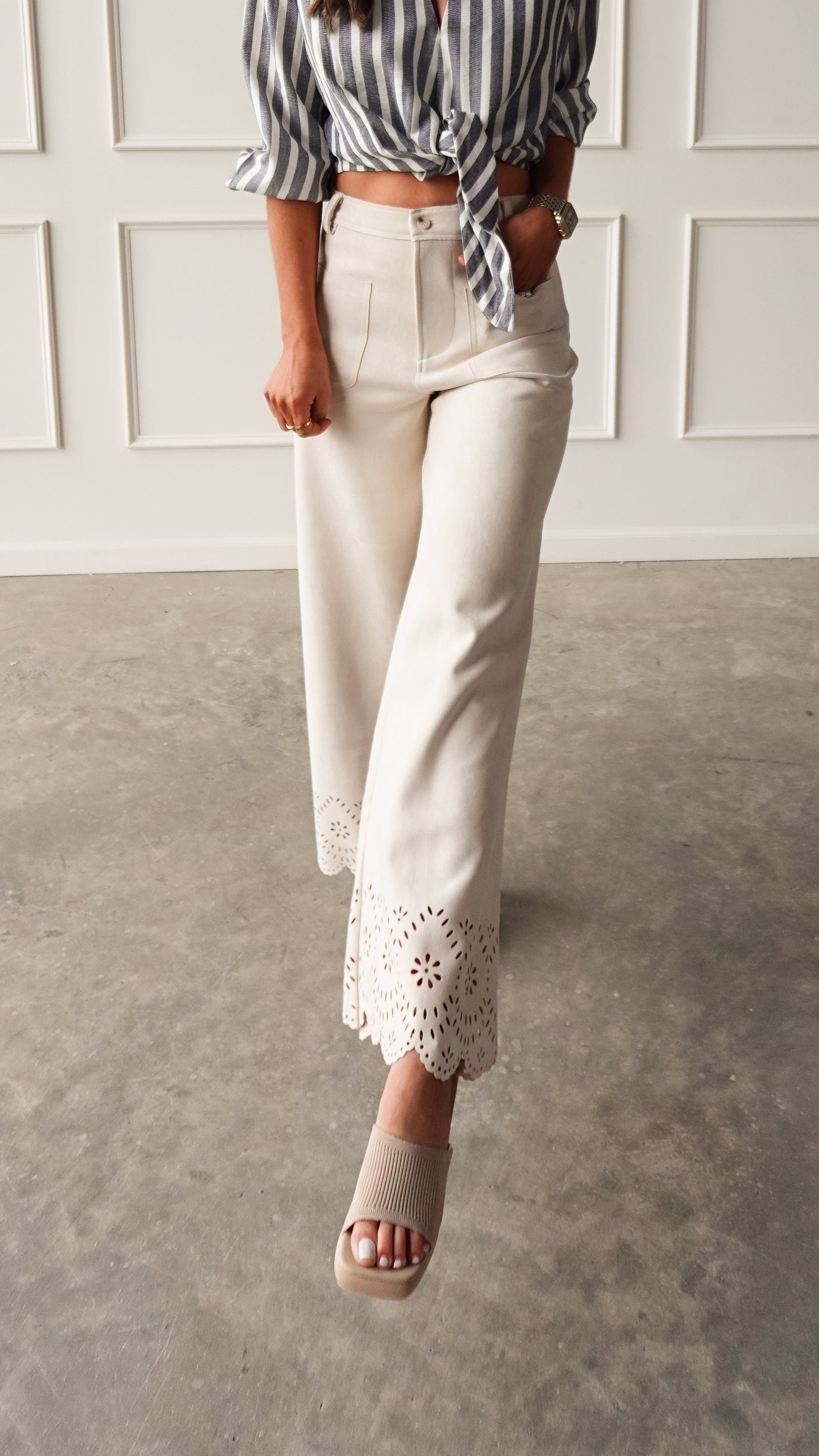 Bone Suede Pant with Eyelet Detail | Elegant Women's Fashion by coolavocek