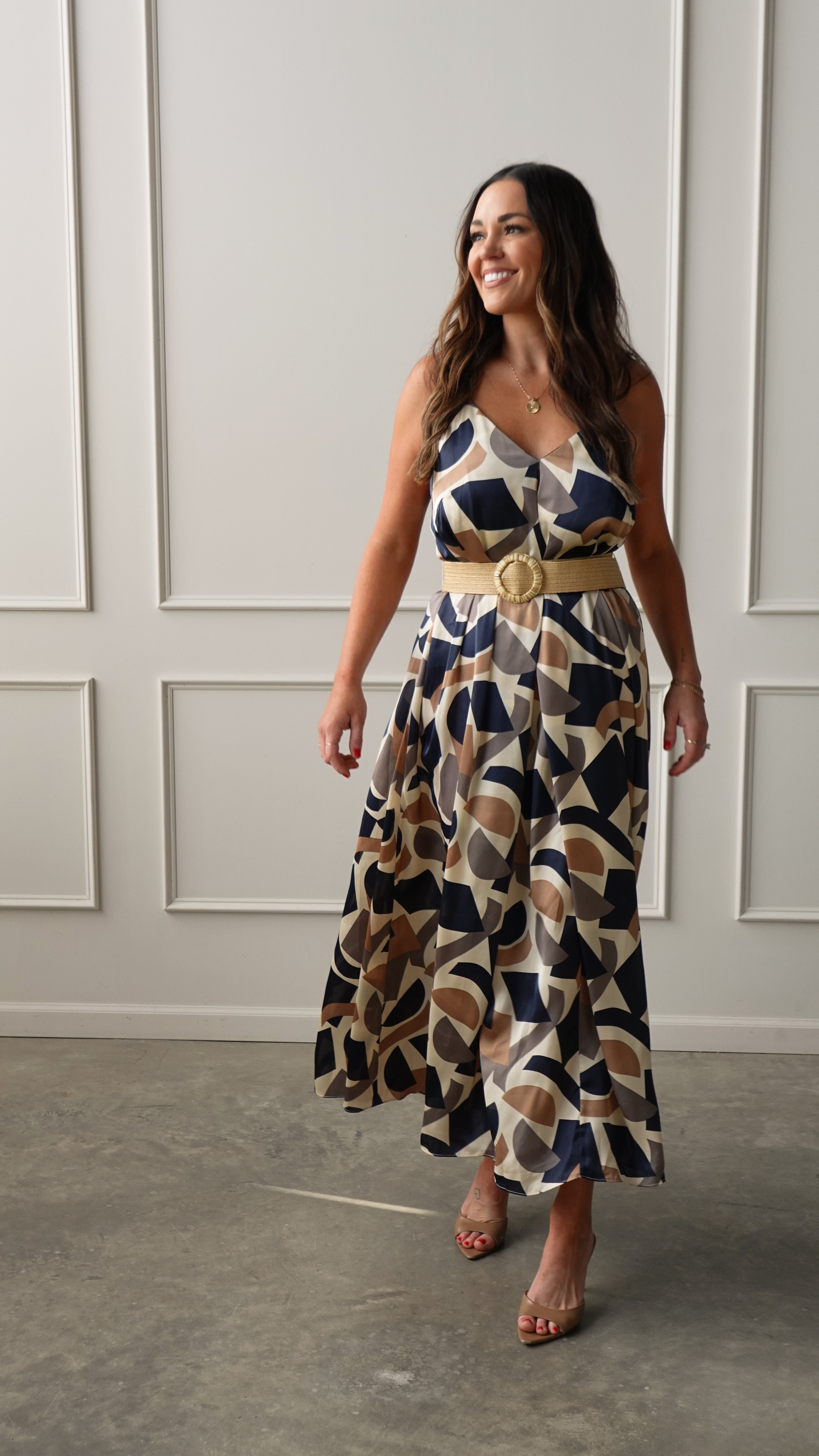 Navy/Taupe Geometric Belted Dress | Elegant Women's Fashion by coolavocek