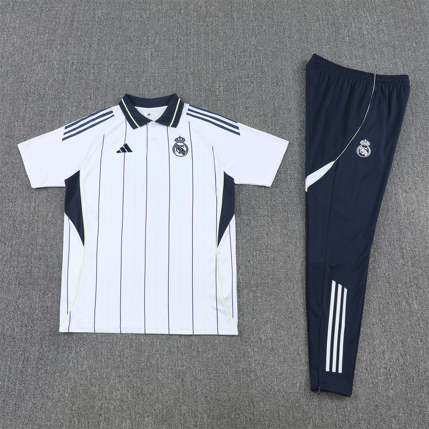 AlphaJersey-Real Madrid 25-26 POLO Short-Sleeve Training Set - Black Line White Top and Black Pants