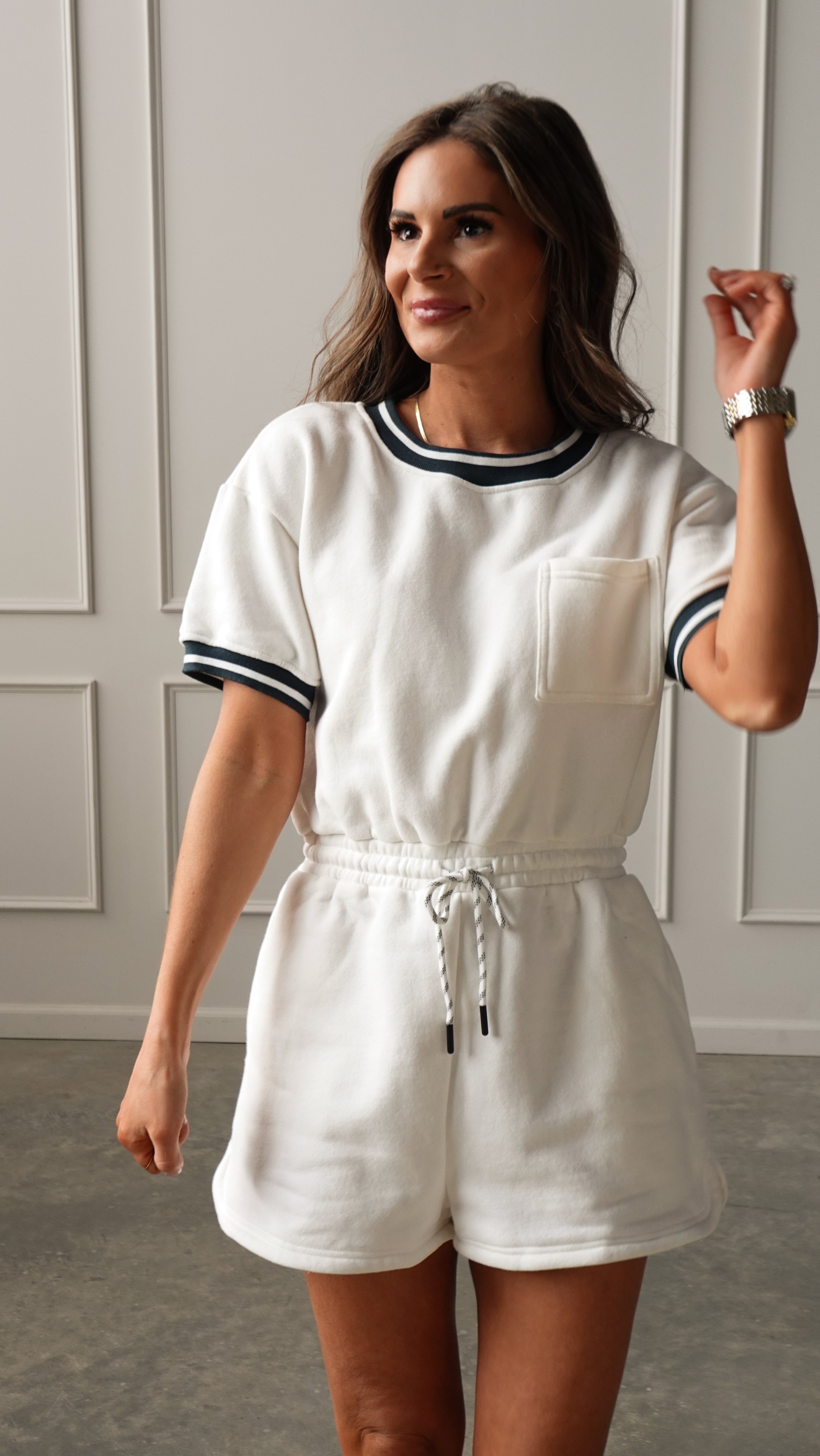 White/Green Drawstring Romper | Elegant Women's Fashion by coolavocek