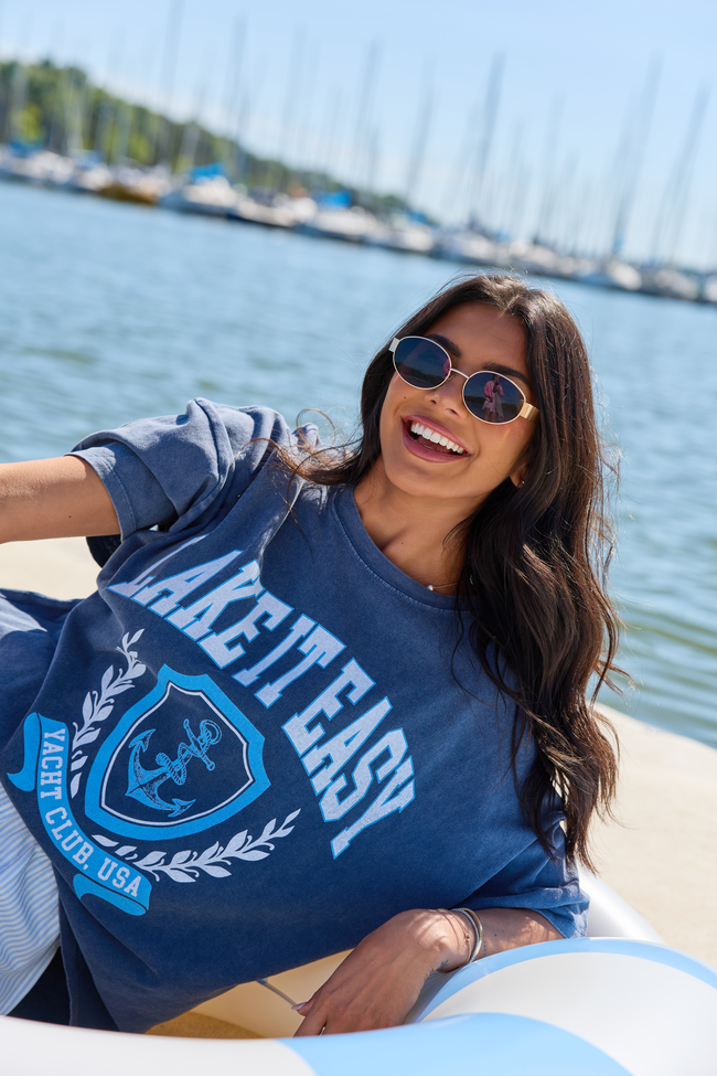 Lake It Easy Navy Oversized Graphic Tee | Elegant Women's Fashion by coolavocek