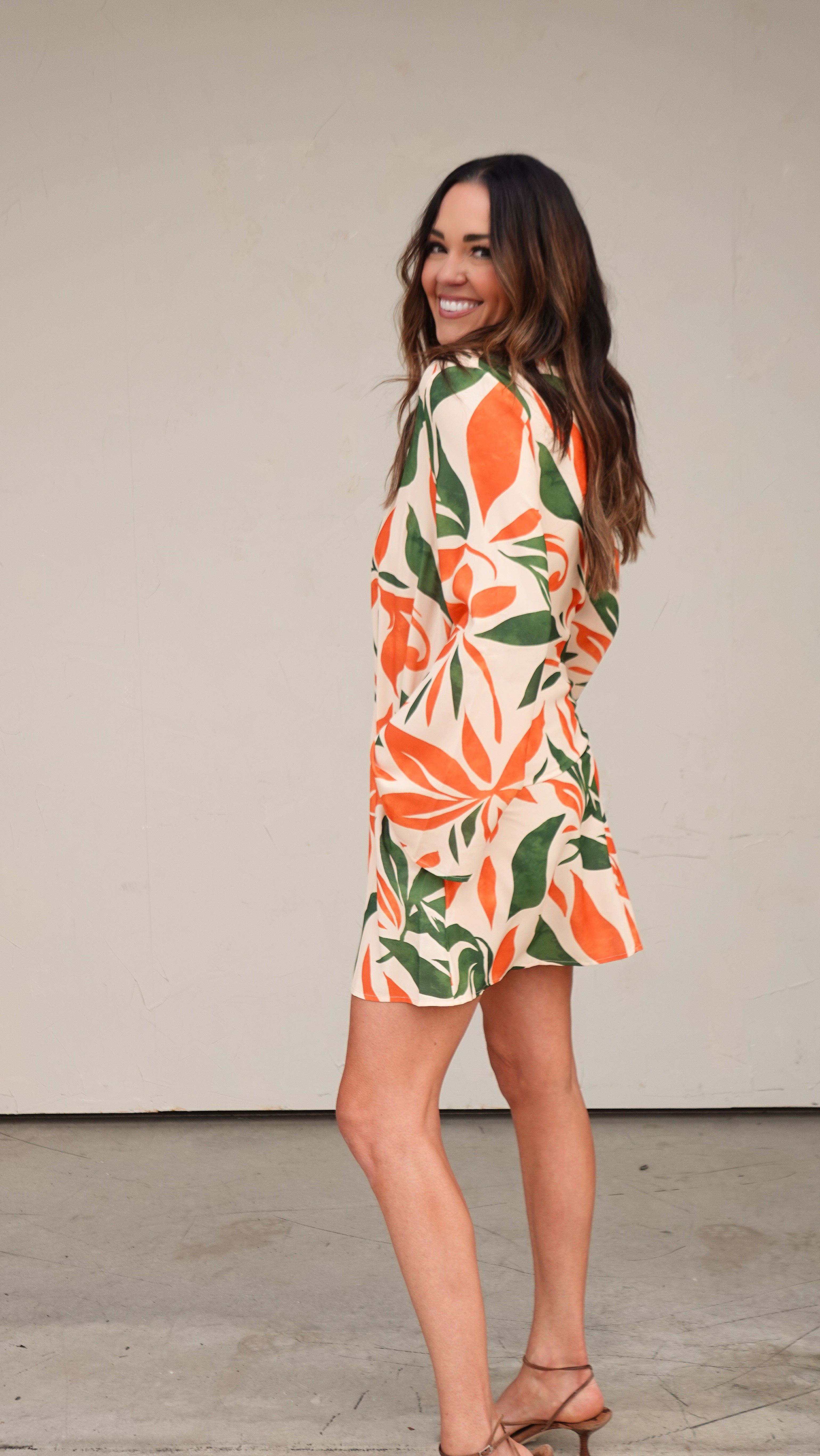 Orange/Green Botanical Long Sleeve Dress | Elegant Women's Fashion by coolavocek