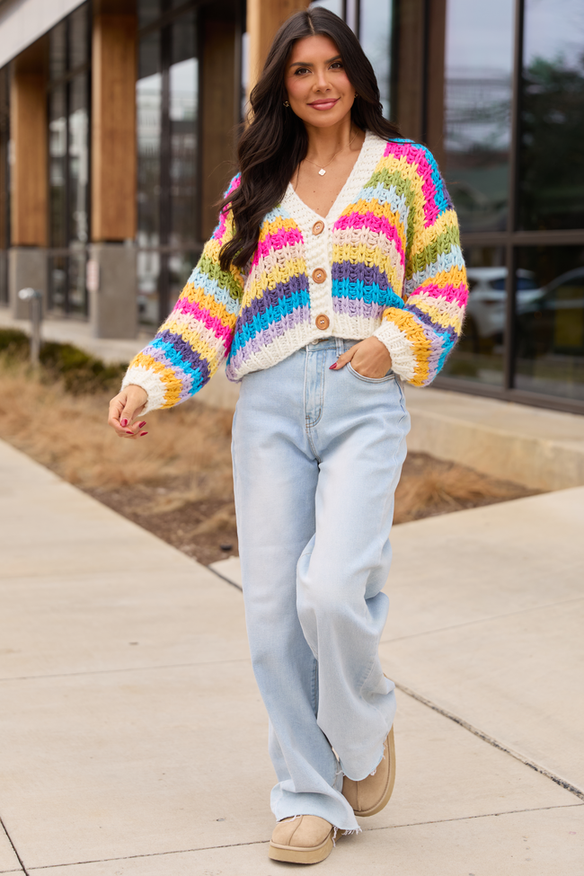 Colleen Multi-Stripe Cropped Chunky Cardigan | Elegant Women's Fashion by coolavocek