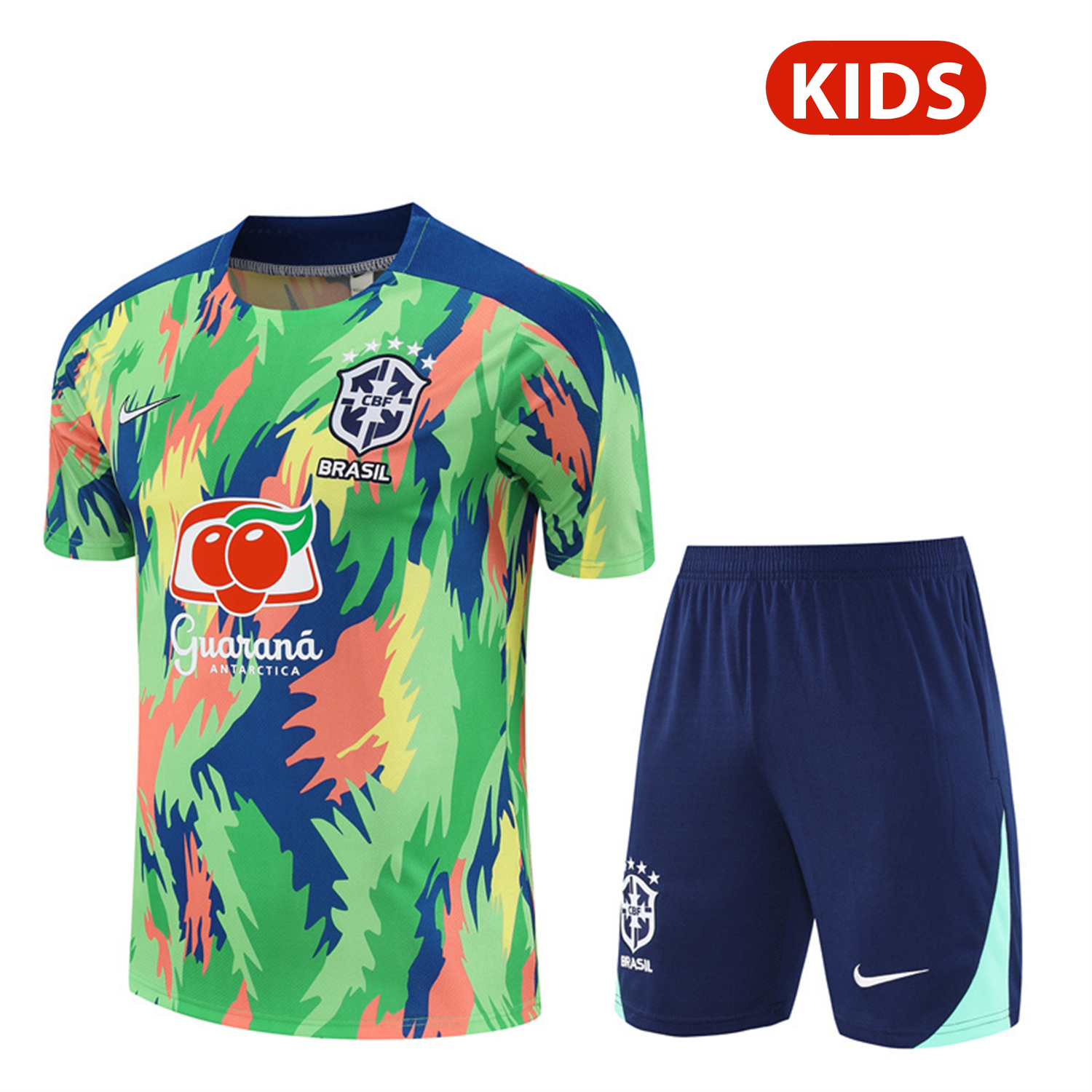AlphaJersey-Brazil 25-26 Kids Short-Sleeve Training Set - Blue Green Camouflage Top & Blue Shorts