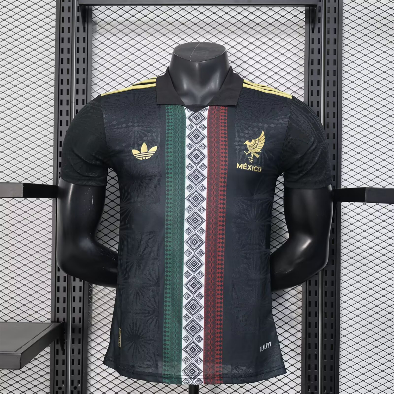 AlphaJersey-Mexico 25-26 Black Polo Jersey with Red White and Green Decorative Pattern - Player Version