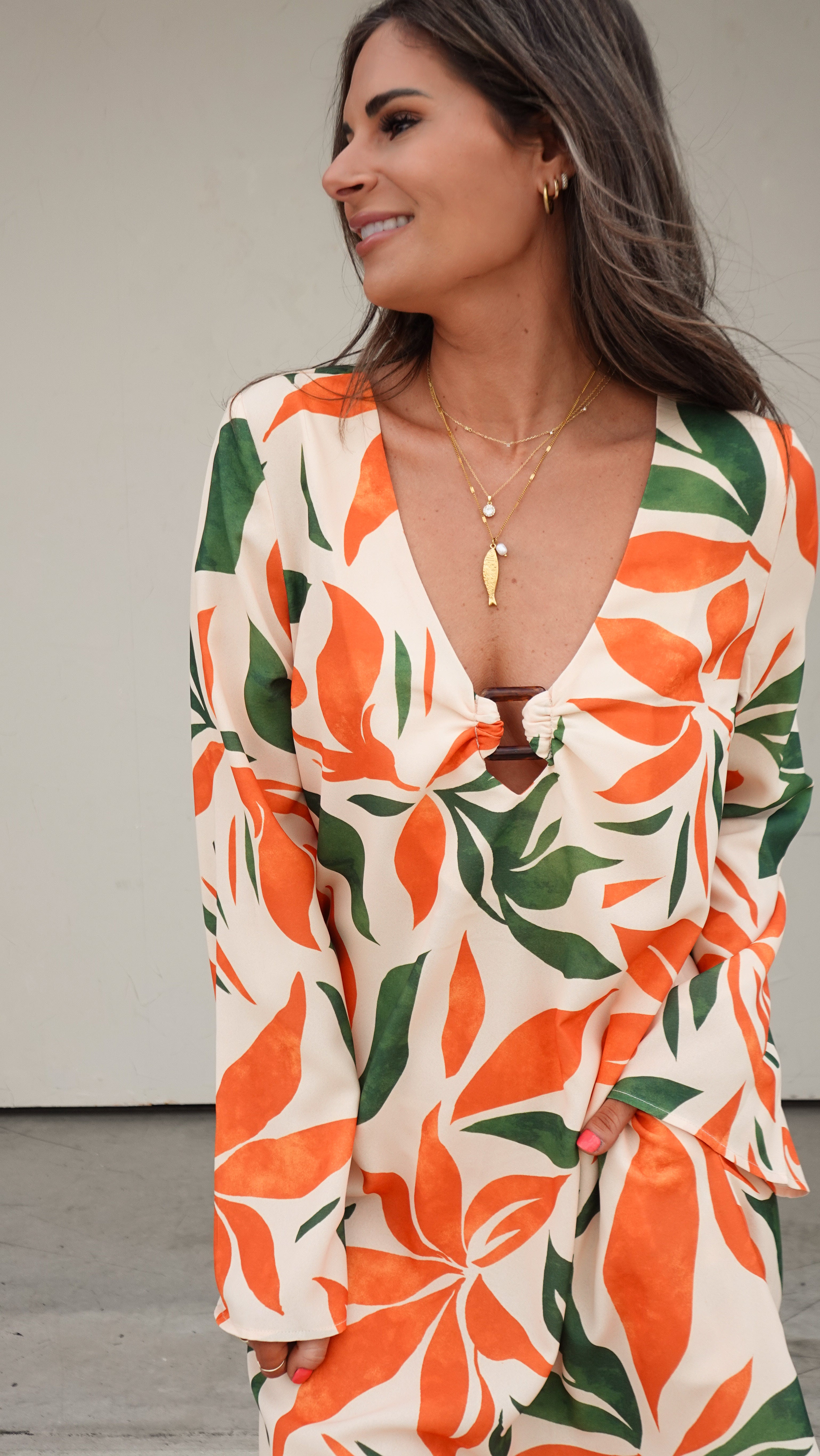 Orange/Green Botanical Long Sleeve Dress | Elegant Women's Fashion by coolavocek