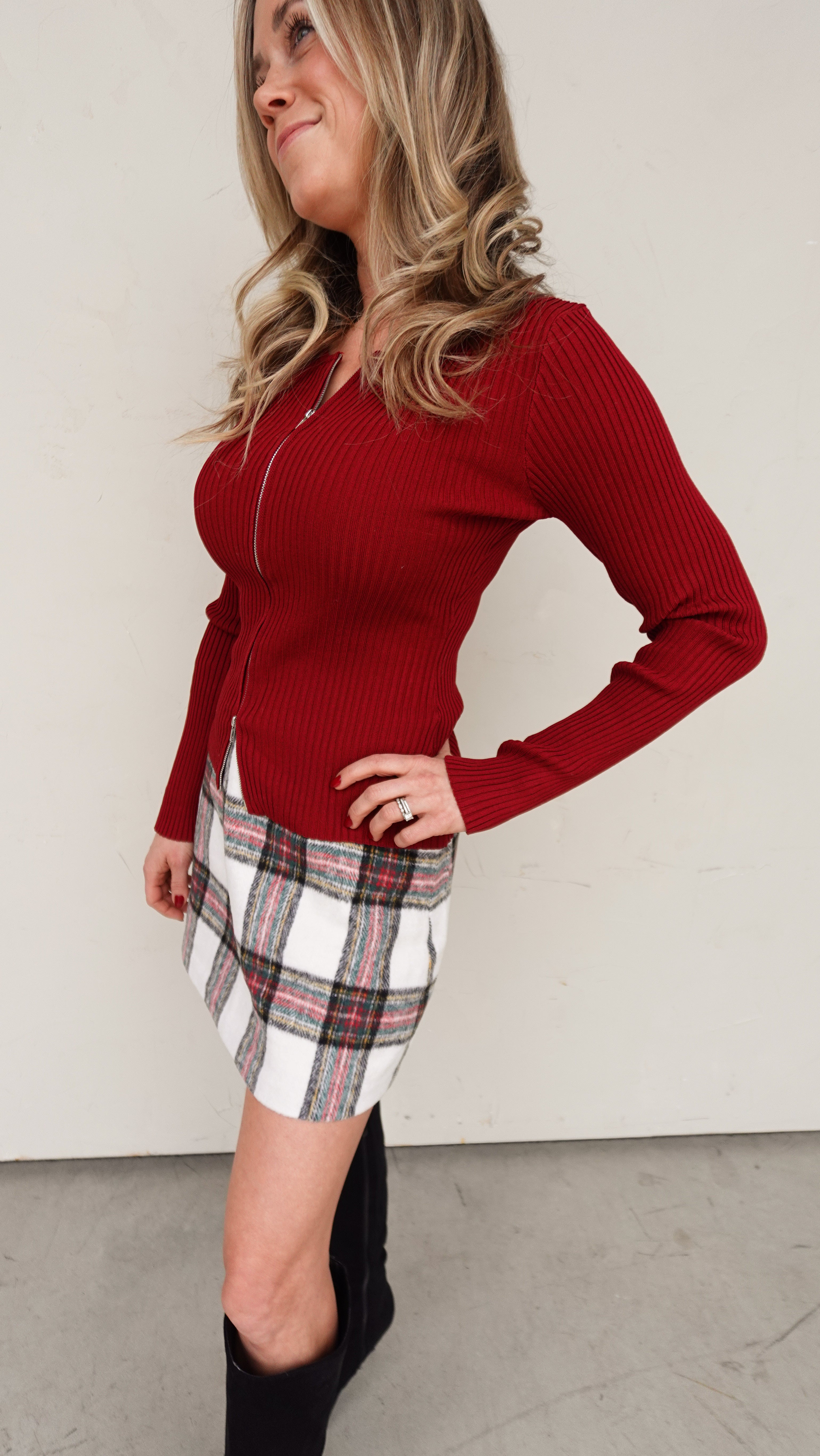 Wine Ribbed Knit Zipper Cardigan | Elegant Women's Fashion by coolavocek