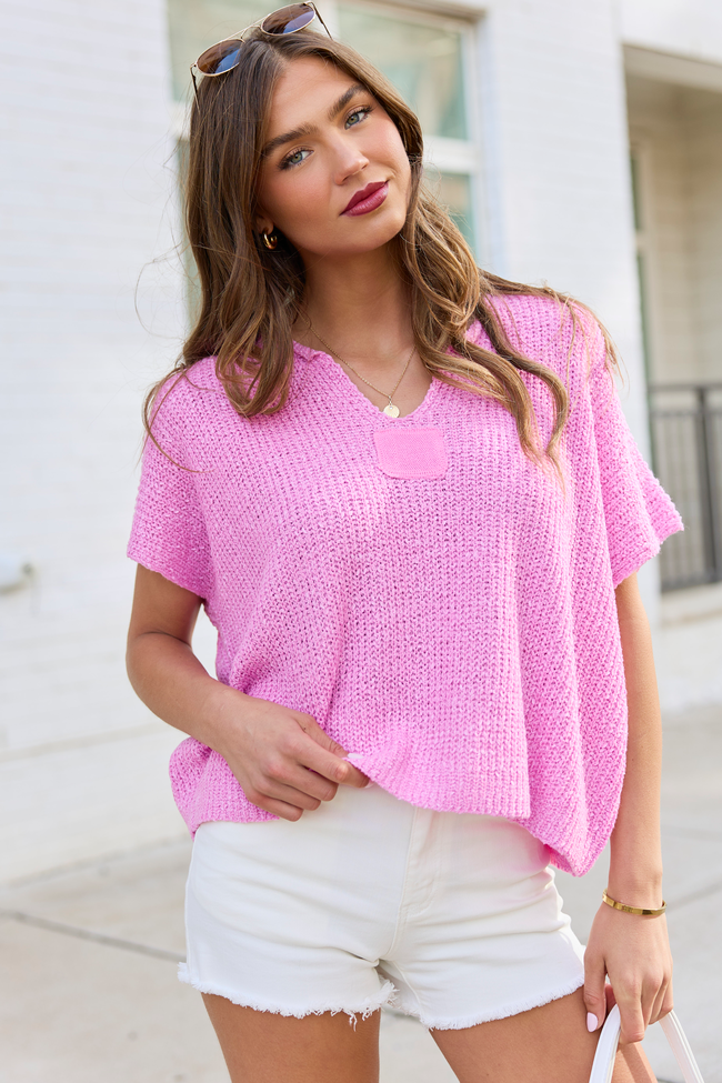 Alana Pink Open Knit Short Sleeve Sweater | Elegant Women's Fashion by coolavocek