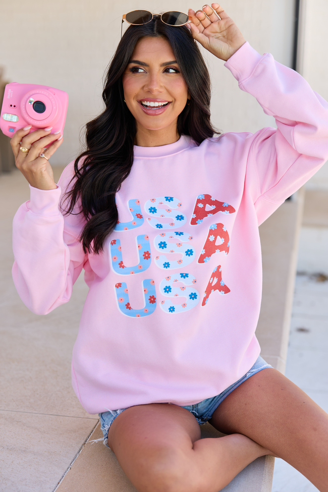 USA Floral Light Pink Oversized Graphic Sweatshirt DOORBUSTER | Elegant Women's Fashion by coolavocek