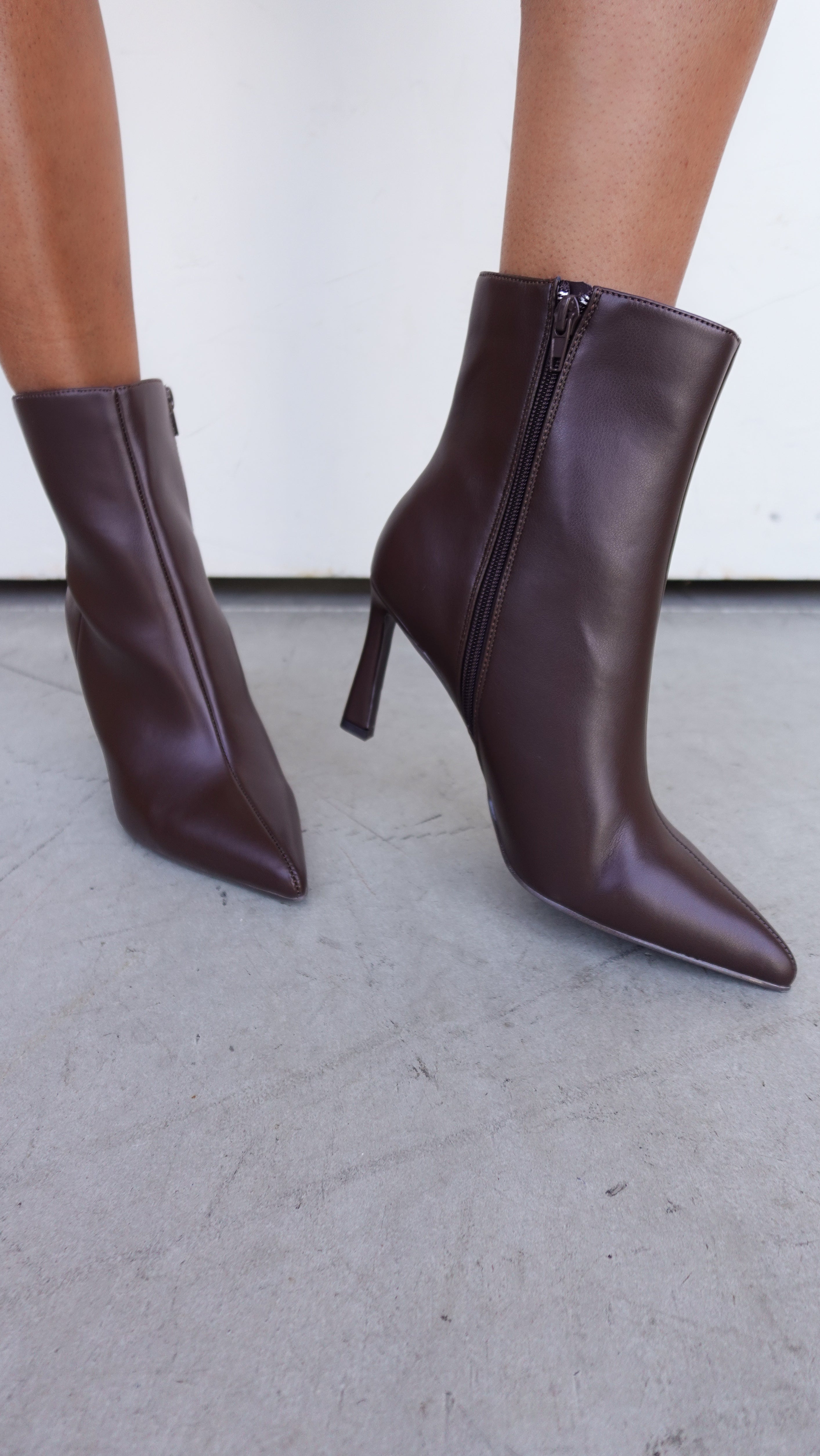 Brown Pointed Toe Faux Leather Bootie | Elegant Women's Fashion by coolavocek