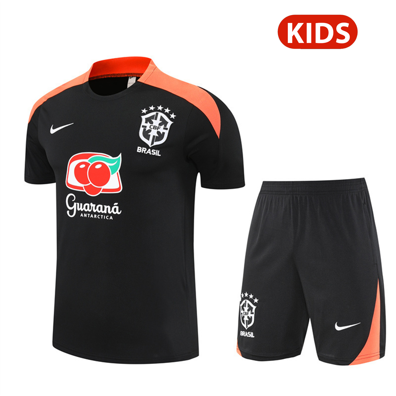 AlphaJersey-Brazil 25-26 Kids Short-Sleeve Training Set - Black Top & Black Shorts
