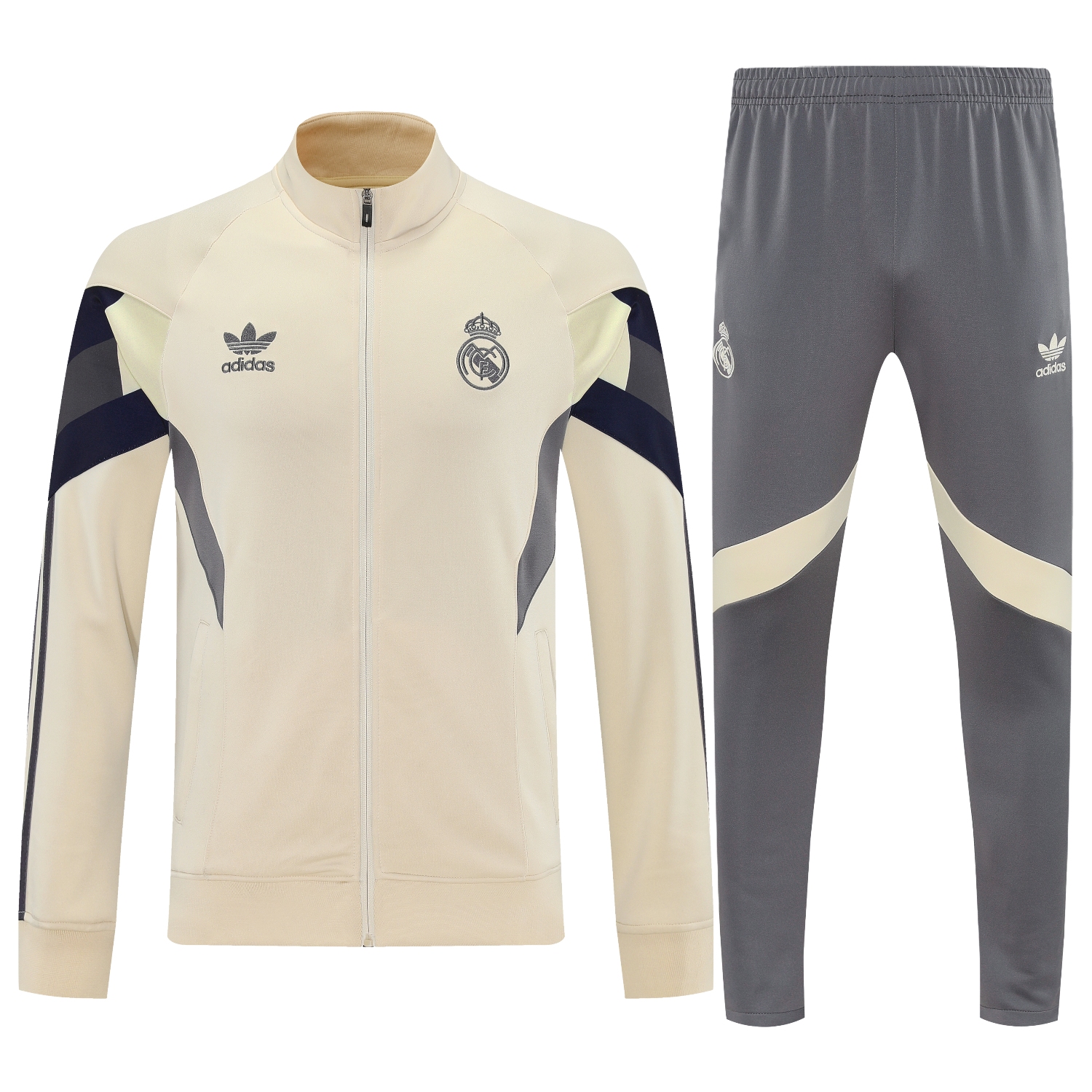 AlphaJersey-Real Madrid 25-26 Throwback Jacket Training Tracksuit - Off-white Jackets & Grey Pants