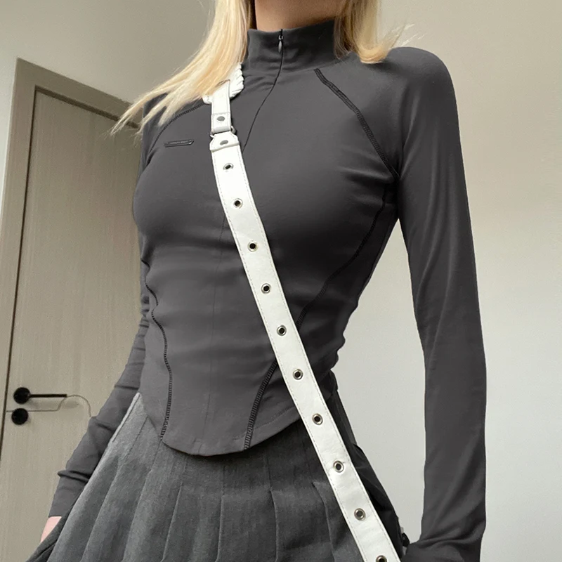 CIBBAR Techwear Fall Zip Up Long Sleeve Crop Top Women Casual Striped Print Skinny T Shirt y2k Vintage Grey Tees 2000s Harajuku