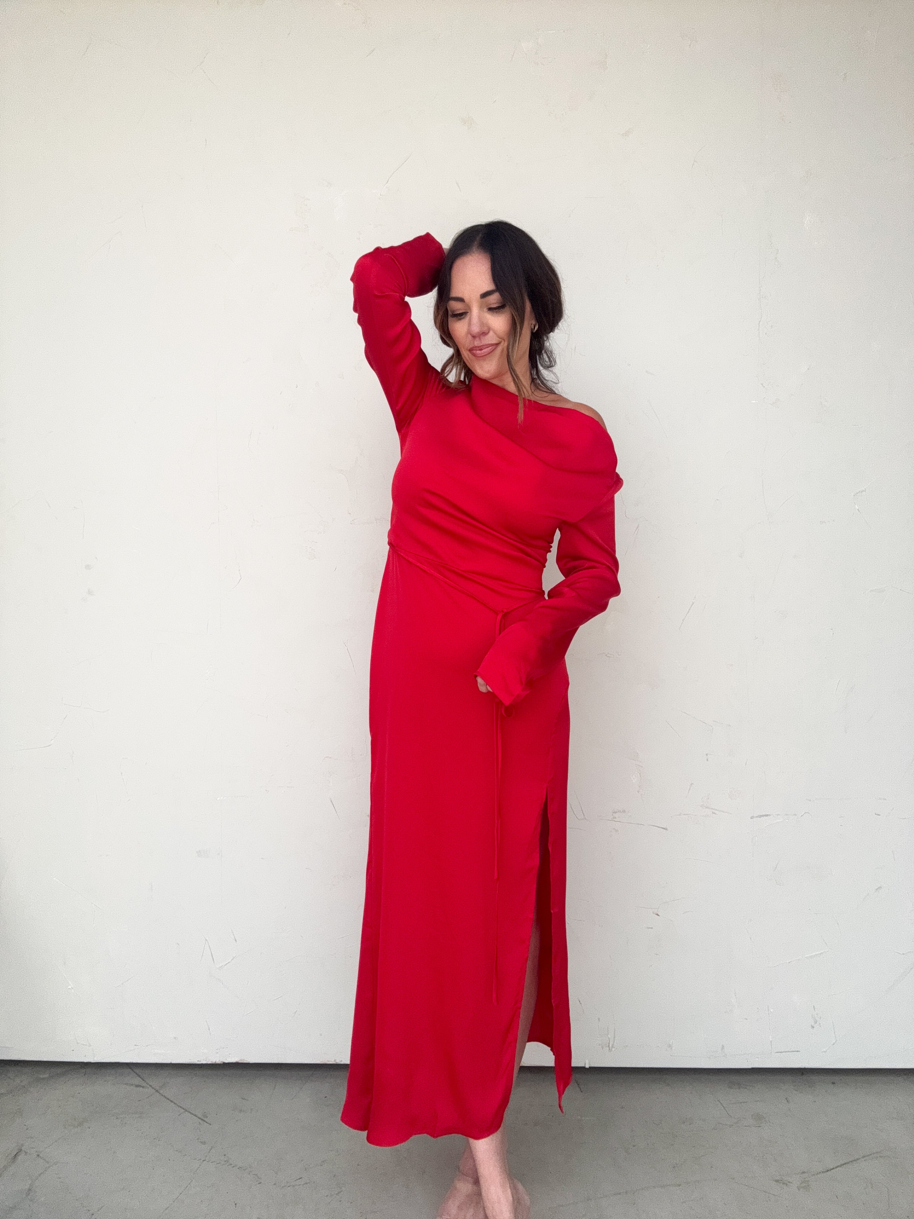 Red Long Sleeve One Shoulder Dress | Elegant Women's Fashion by coolavocek