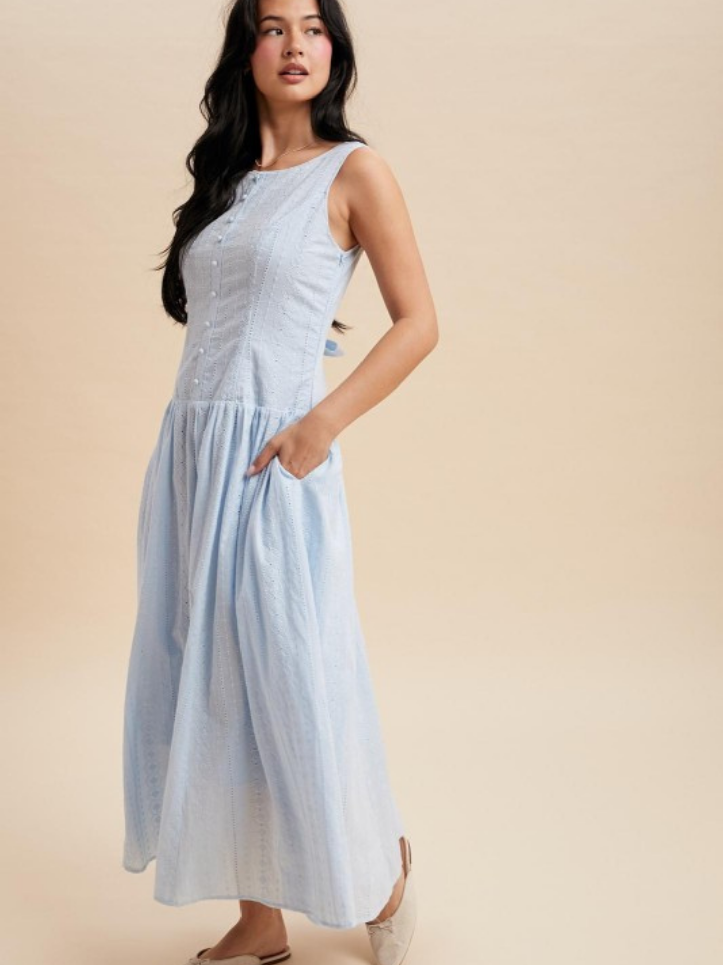 Blue Eyelet Drop Waist Maxi Dress | Elegant Women's Fashion by coolavocek