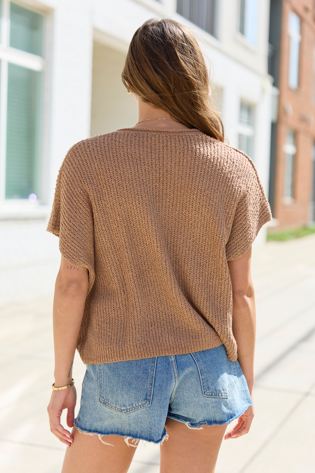 Alana Taupe Open Knit Short Sleeve Sweater | Elegant Women's Fashion by coolavocek