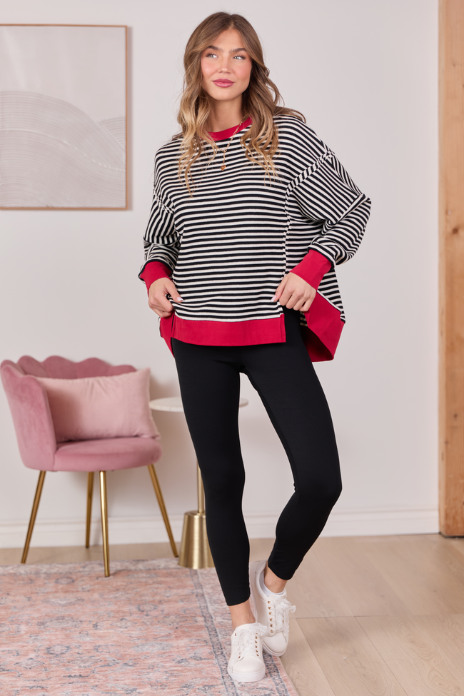 Kara Black And White Stripe Waffle Pullover | Elegant Women's Fashion by coolavocek