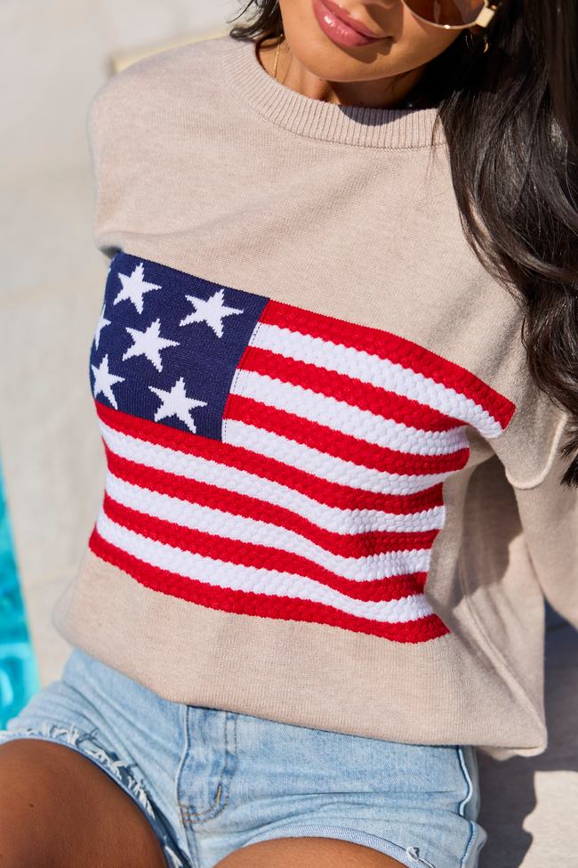 Home Of The Free Taupe Textured Flag Sweater DOORBUSTER | Elegant Women's Fashion by coolavocek