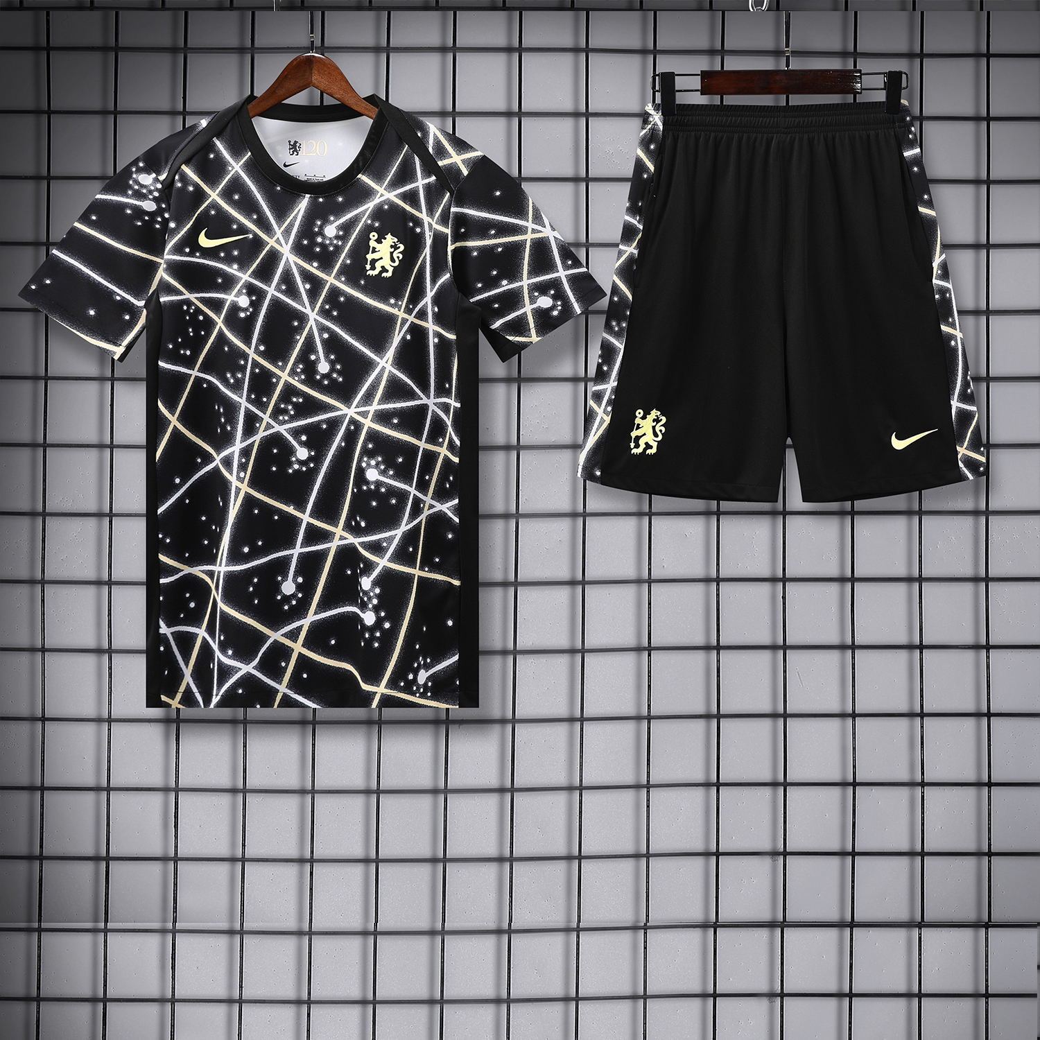 AlphaJersey-C.H.E.L.S.E.A 25-26 Kids Short-Sleeve Training Set - Yellow Fluorescent Rays Black Top & Black Shorts