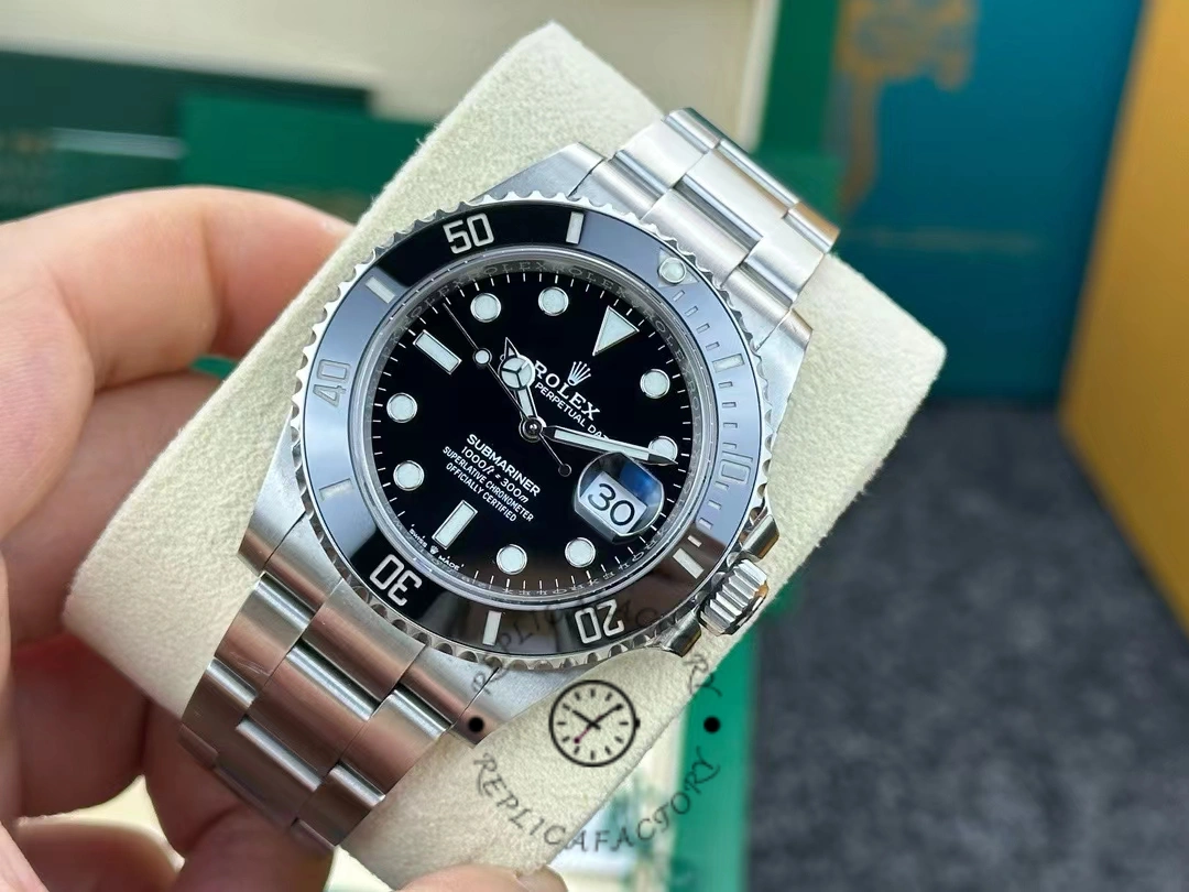 Close-up view of the Rolex Submariner 126610LN with a focus on the dial and crown.