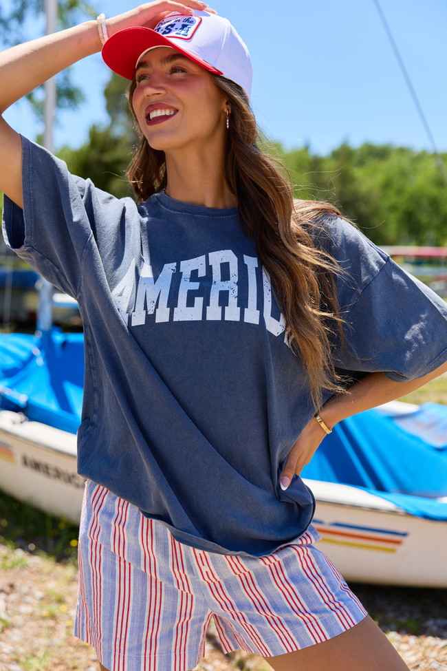 America Distressed Navy Oversized Graphic Tee | Elegant Women's Fashion by coolavocek