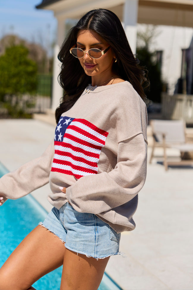 Home Of The Free Taupe Textured Flag Sweater DOORBUSTER | Elegant Women's Fashion by coolavocek