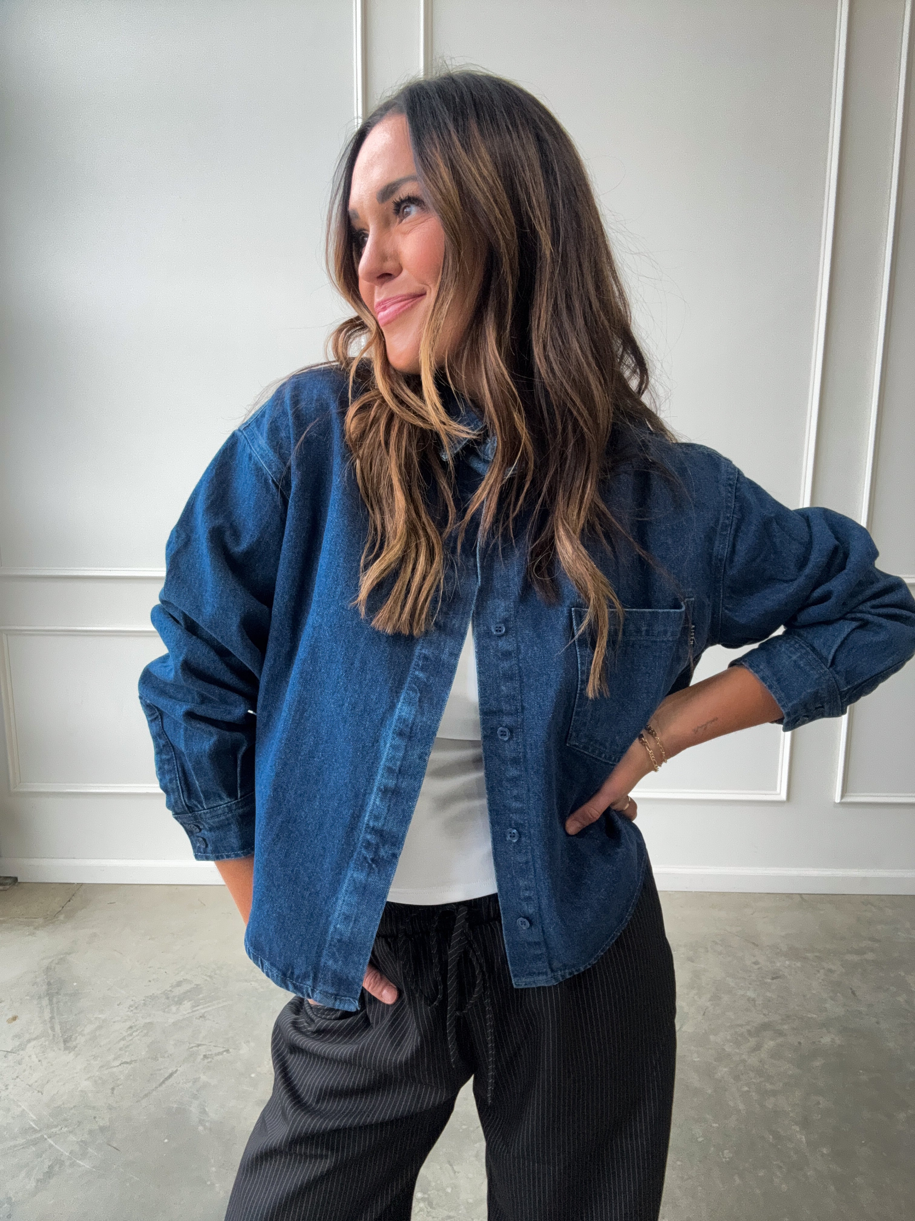 Dark Wash Cropped Denim Shirt | Elegant Women's Fashion by coolavocek
