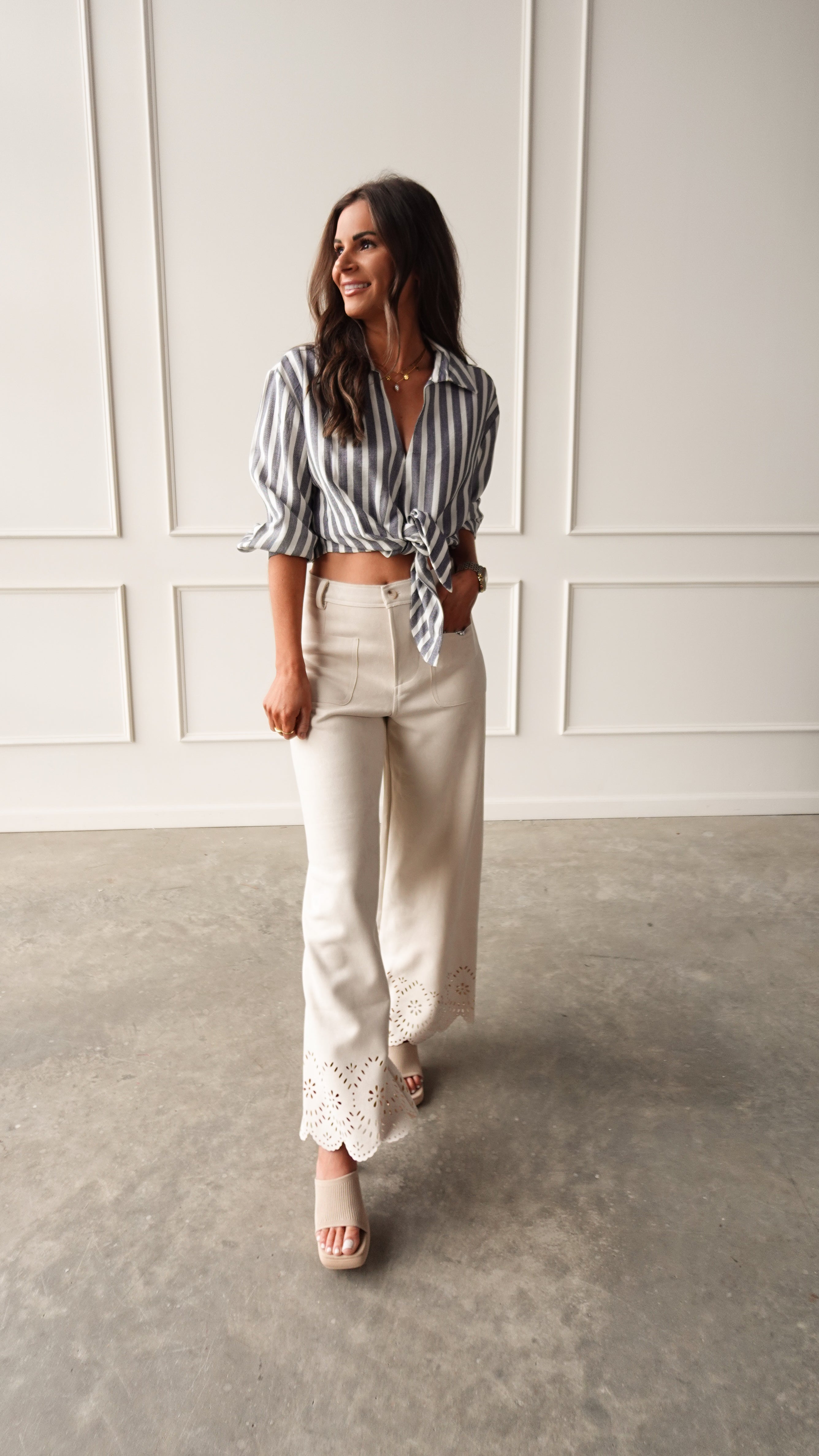 Bone Suede Pant with Eyelet Detail | Elegant Women's Fashion by coolavocek