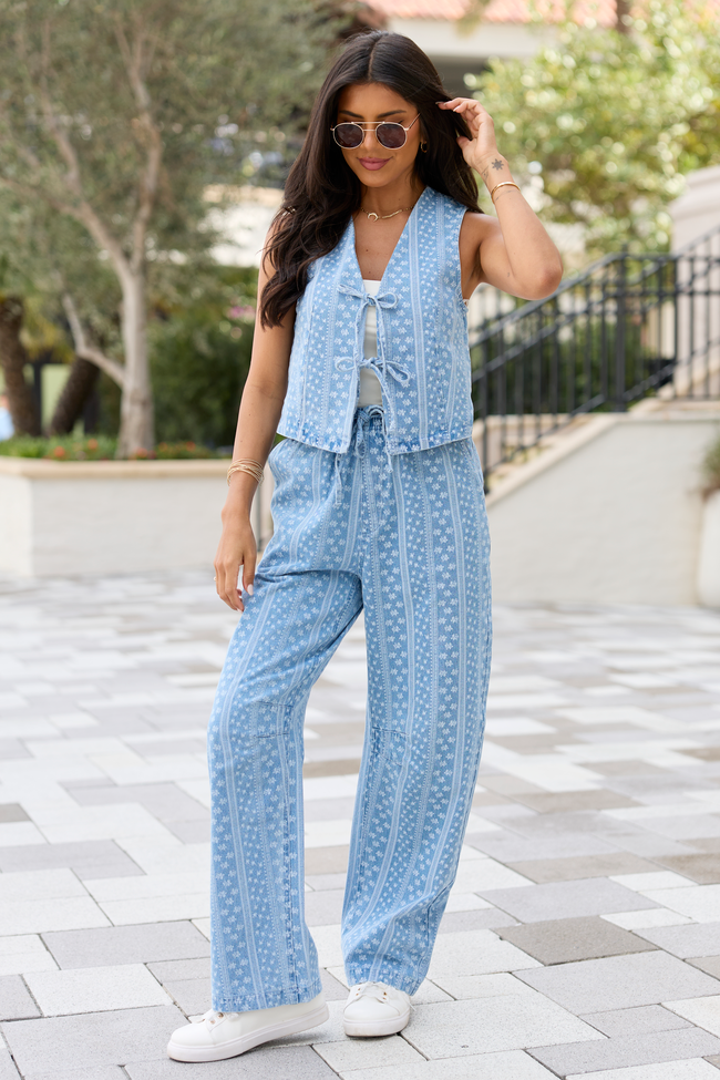 Maeve Blue And White Floral Printed Chambray Vest SALE | Elegant Women's Fashion by coolavocek