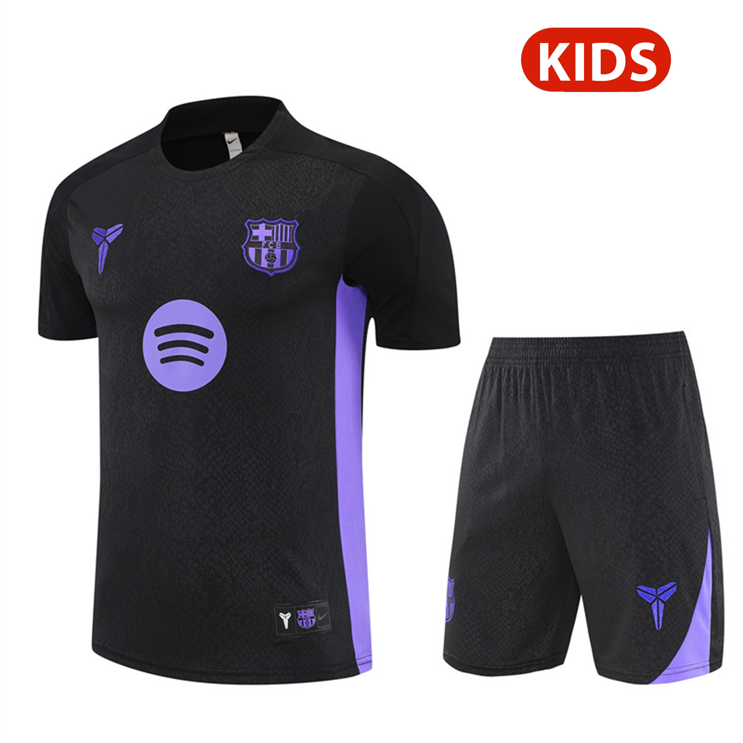 AlphaJersey-Barcelona 25-26 X KB Kids Short-Sleeve Training Set - Black Blue Top & Black Shorts
