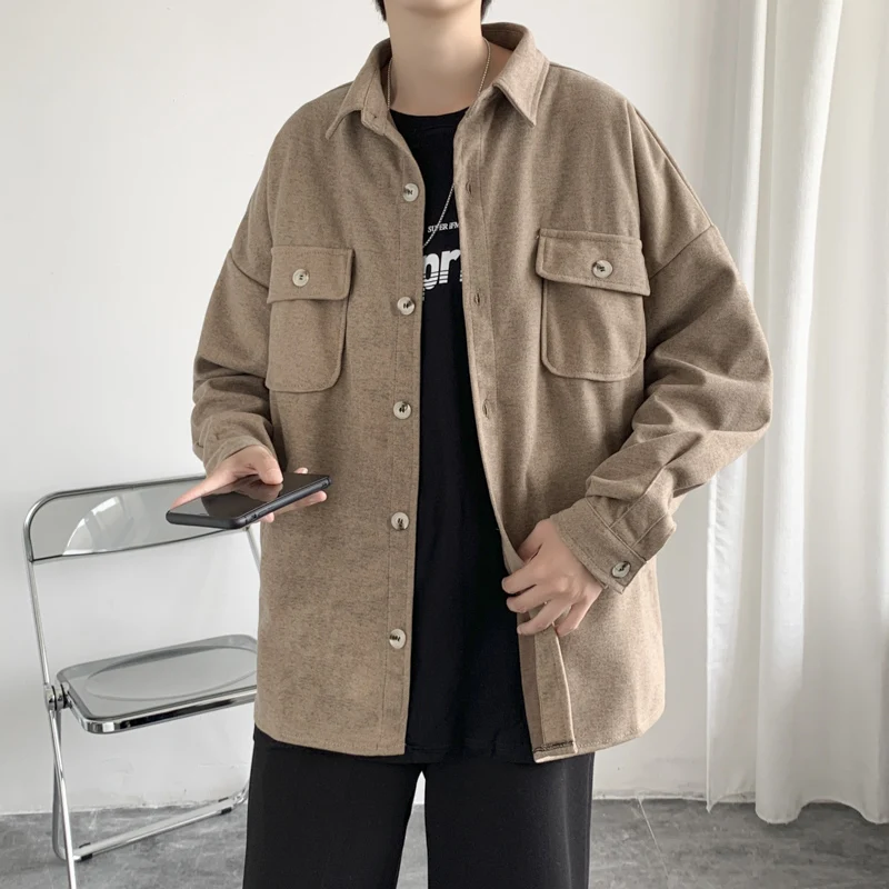 Hanbok Retro Thick Woolen Shirt, Men's Autumn and Winter Long-sleeved Brown Lapel Top, Casual Loose Harajuku Couple Suit