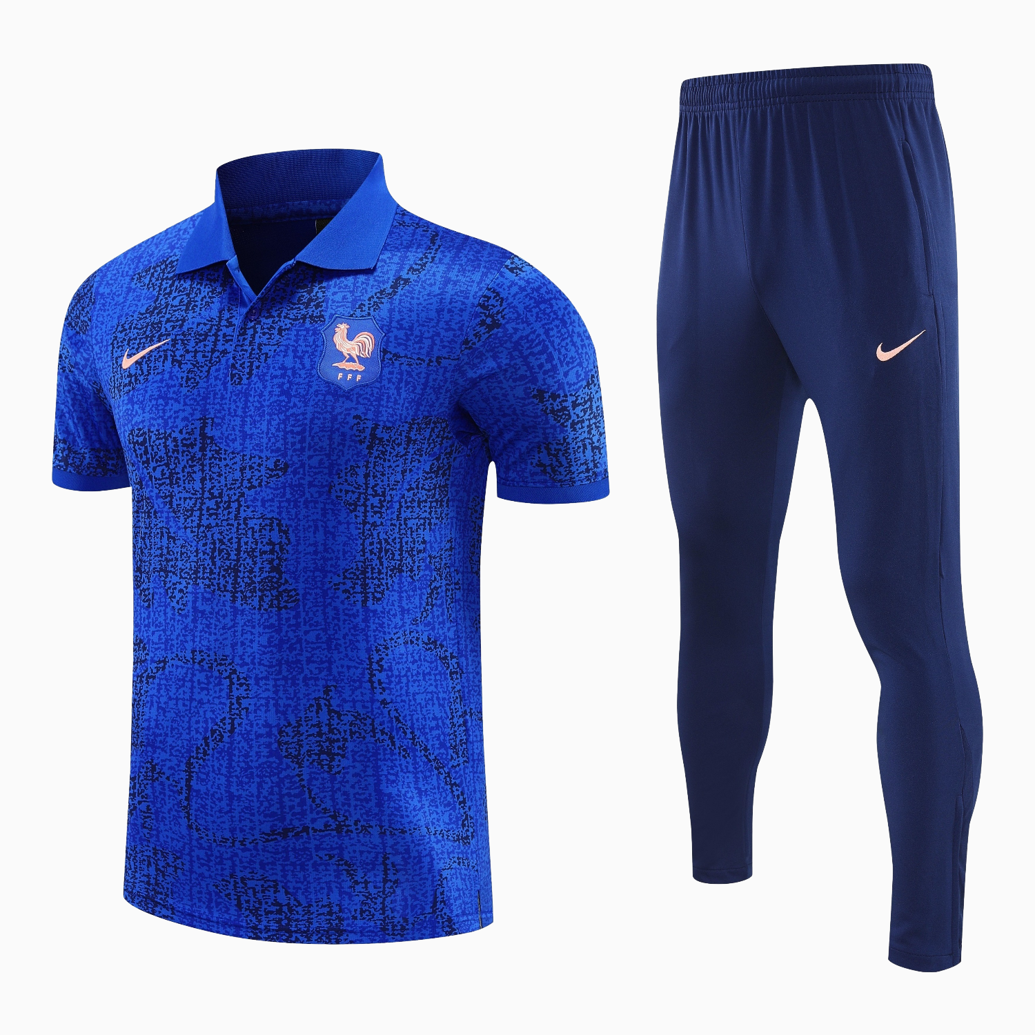 AlphaJersey-France 25-26 POLO Short-Sleeve Training Set - Ocean Blue Top and Dark Blue Pants