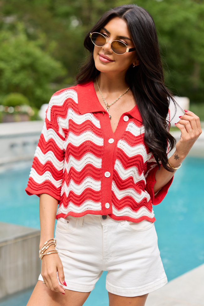 Ariel Red And White Striped Short Sleeve Cardigan | Elegant Women's Fashion by coolavocek