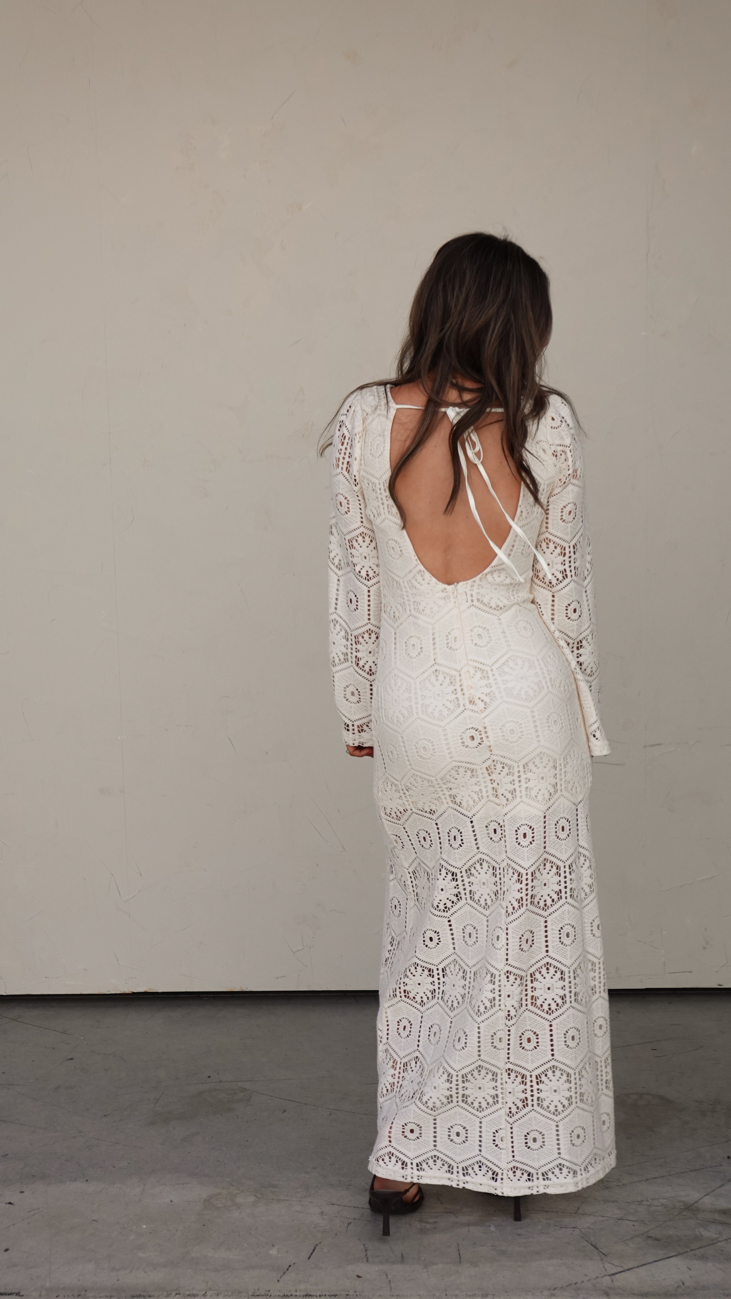 Ivory Crochet Long-Sleeve Maxi Dress | Elegant Women's Fashion by coolavocek
