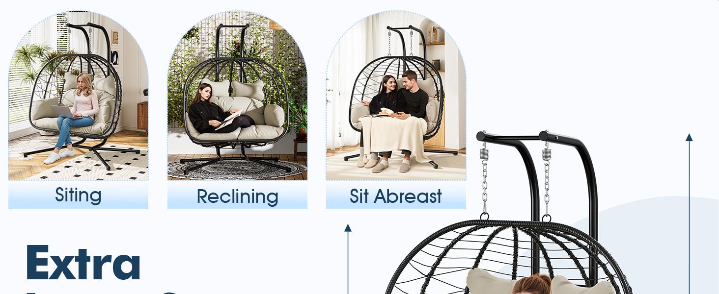 RIWENGO Double Hanging Egg Chair with Cushion, 700lbs Capacity - Foldable Patio Chair with Handwoven PE Wicker & Rust-Proof Frame, for Garden, Porch, Backyard Soft Lounge Swing Summervibes
