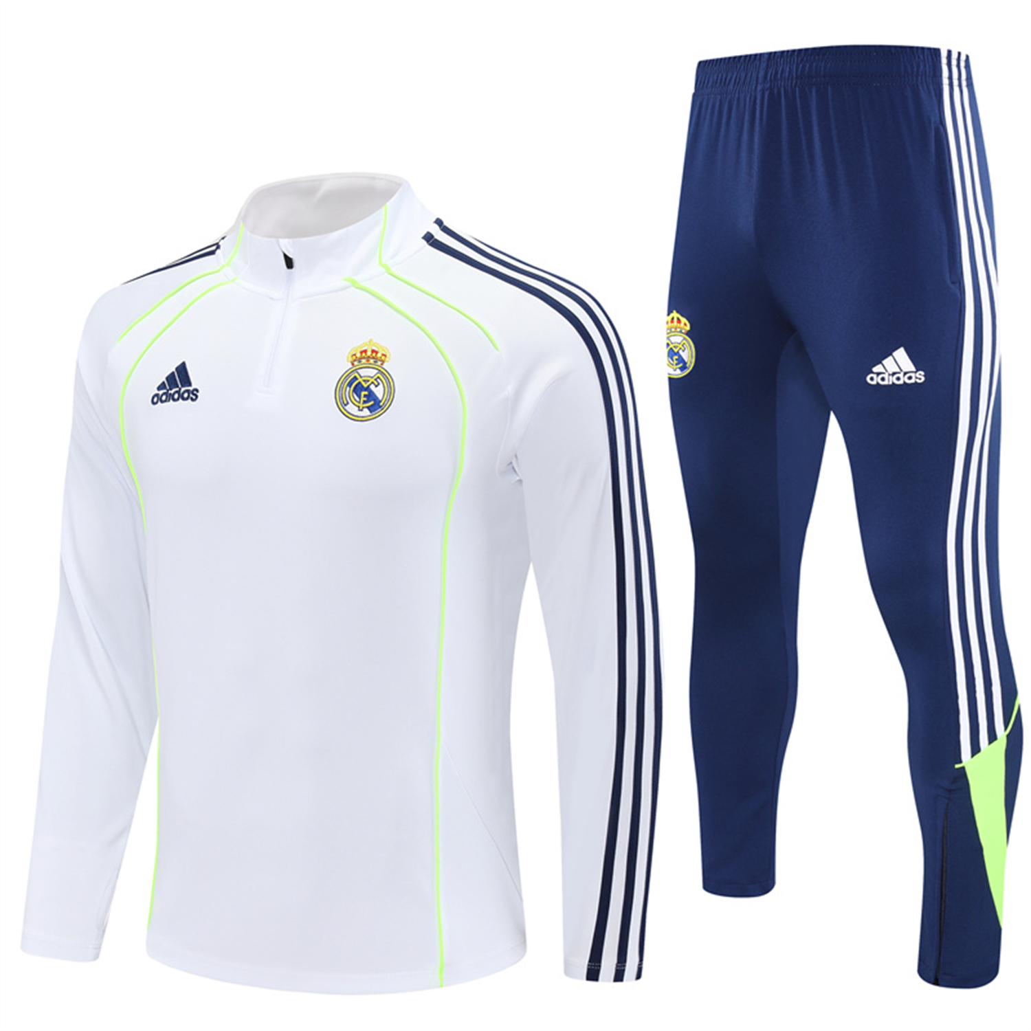 AlphaJersey-Real Madrid 25-26 Long Sleeve Training Set - Green Line White Top and Blue Pants