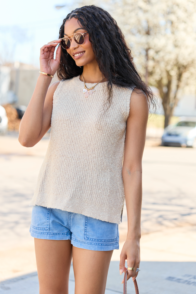 Best Day Ever Beige High Neck Sweater Tank | Elegant Women's Fashion by coolavocek
