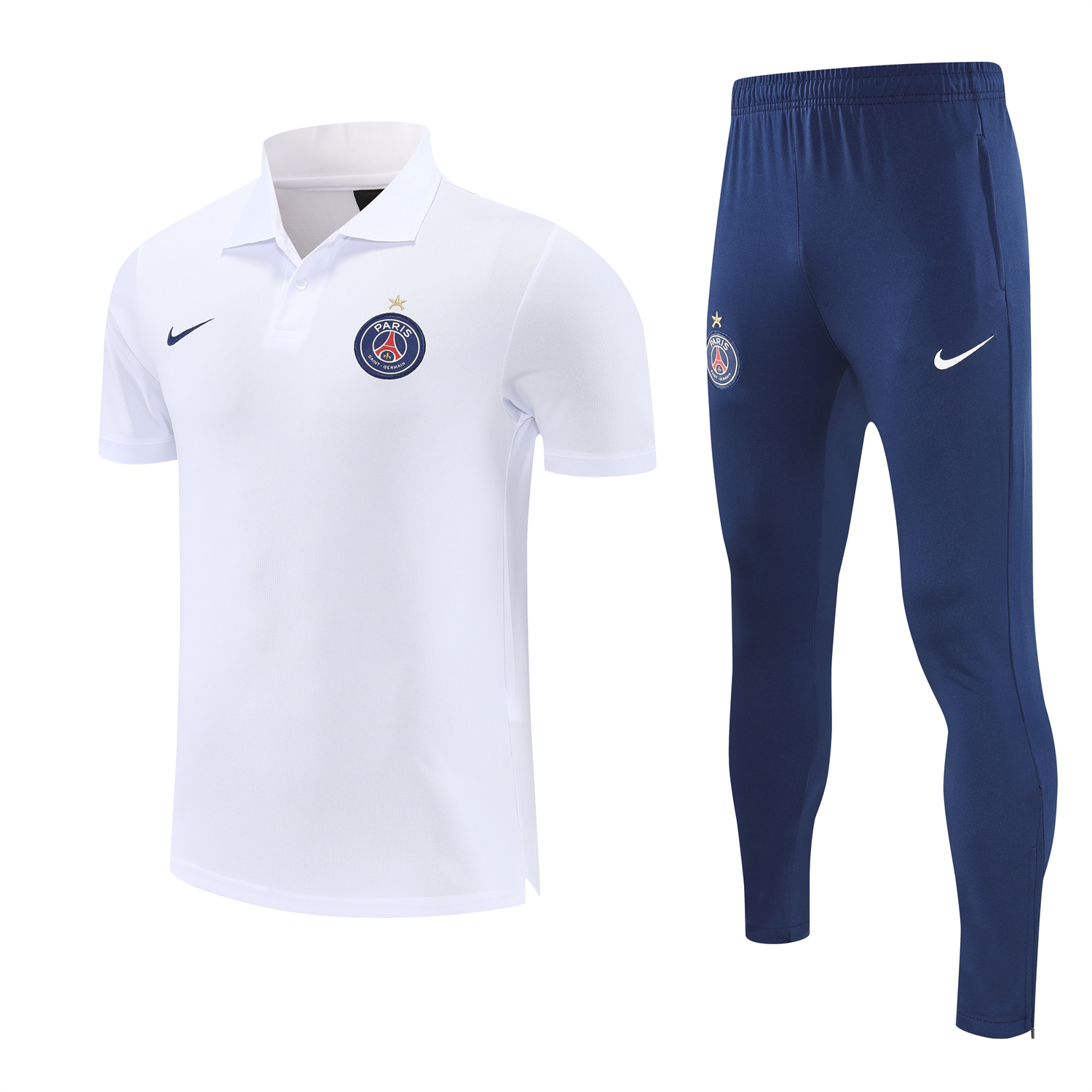 AlphaJersey-Paris Saint-Germain PSG 25-26 POLO Short-Sleeve Training Set - White Top and Dark Blue Pants