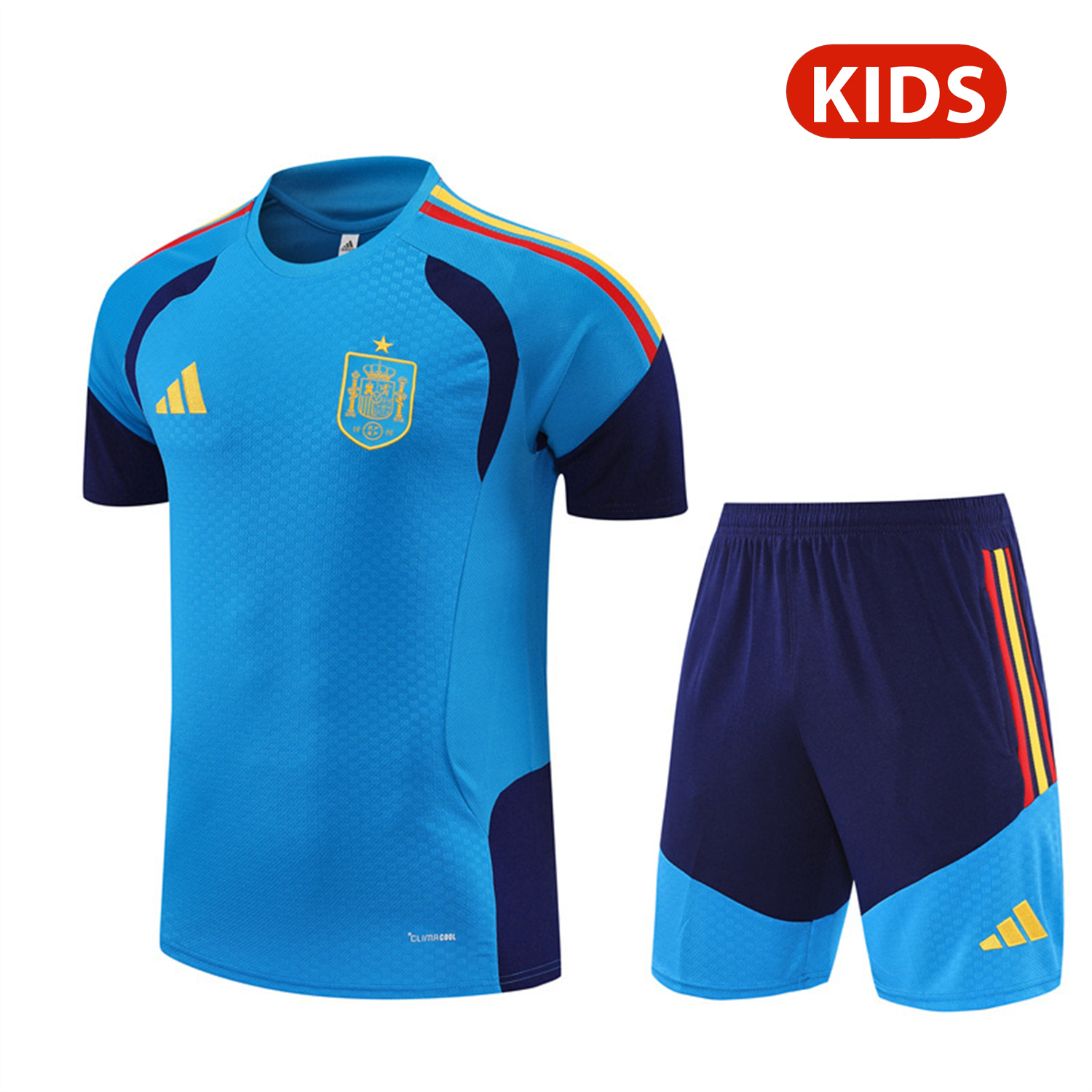 AlphaJersey-Spain 2026 Kids Short-Sleeve Training Set - Lake Blue Top & Shorts