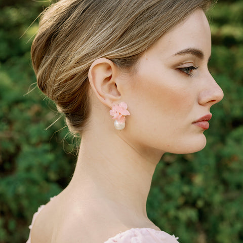 pink hydrangea flower pearl stud
