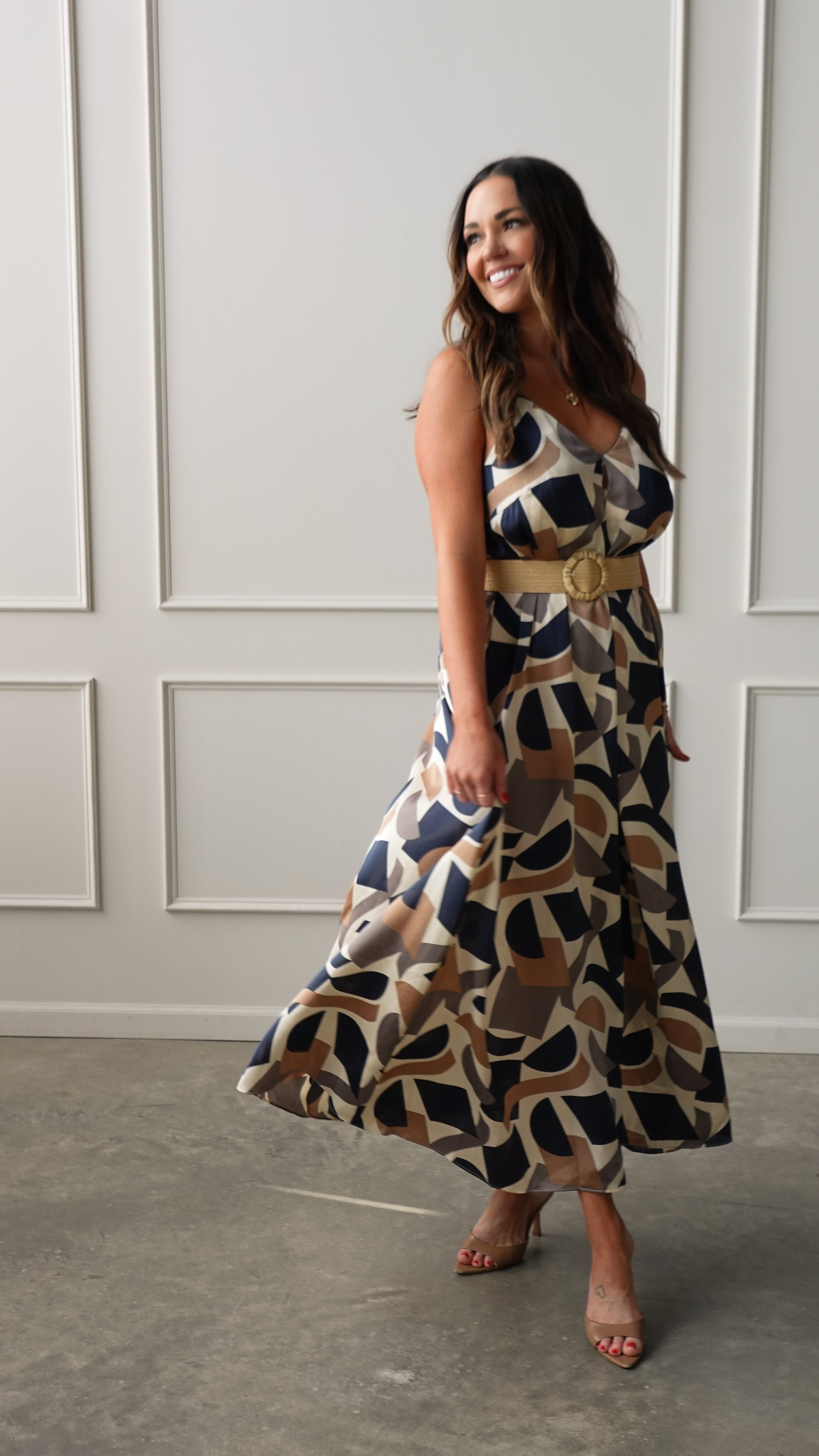 Navy/Taupe Geometric Belted Dress | Elegant Women's Fashion by coolavocek