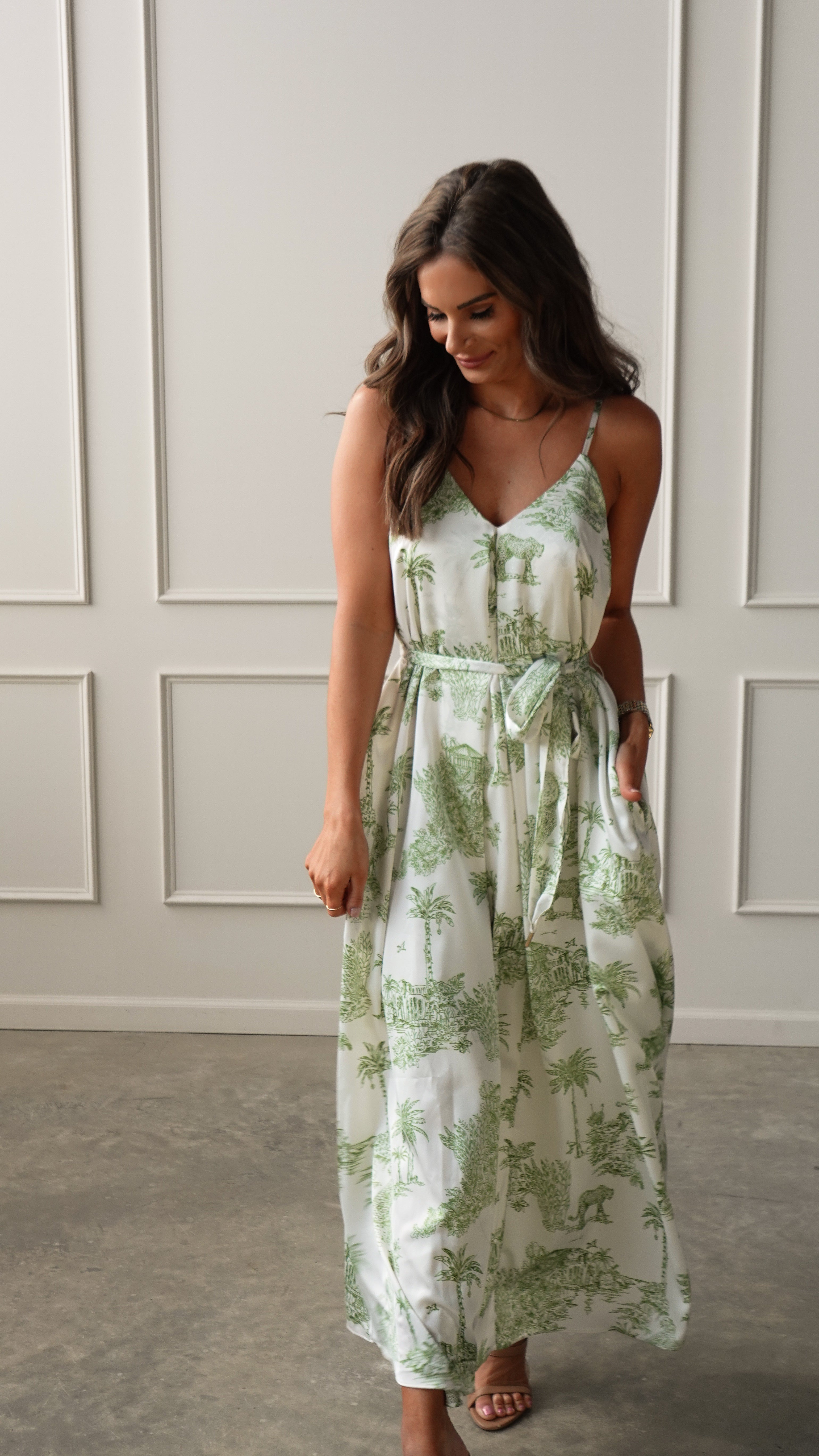 Palm Green Belted Dress | Elegant Women's Fashion by coolavocek